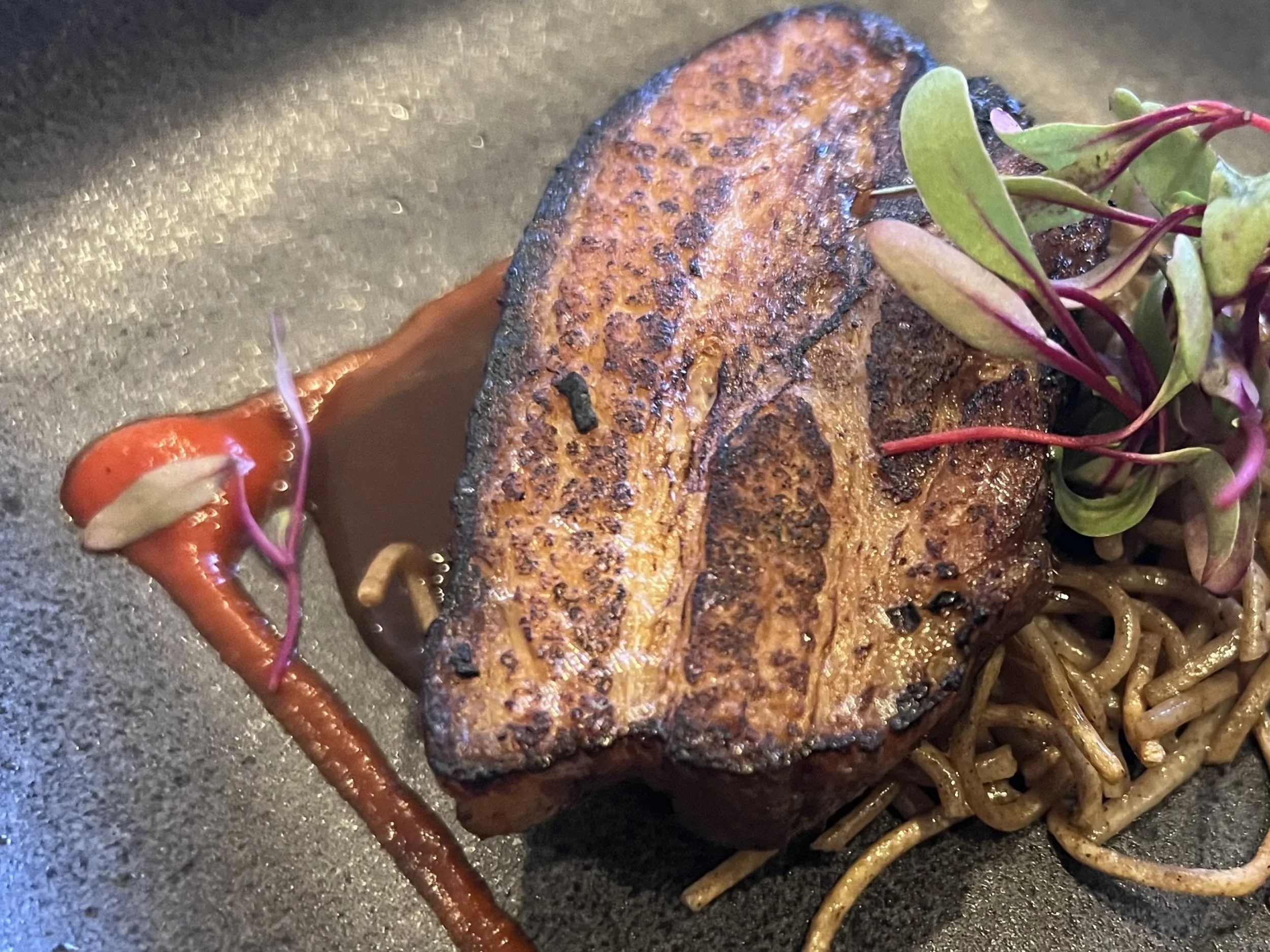 Crispy 40 Hour Braised Kurobuta Pork Belly, Buckwheat Soba Noodles, Tonkotsu Glacé de Viande, Garlic-Sweet Pepper Paste