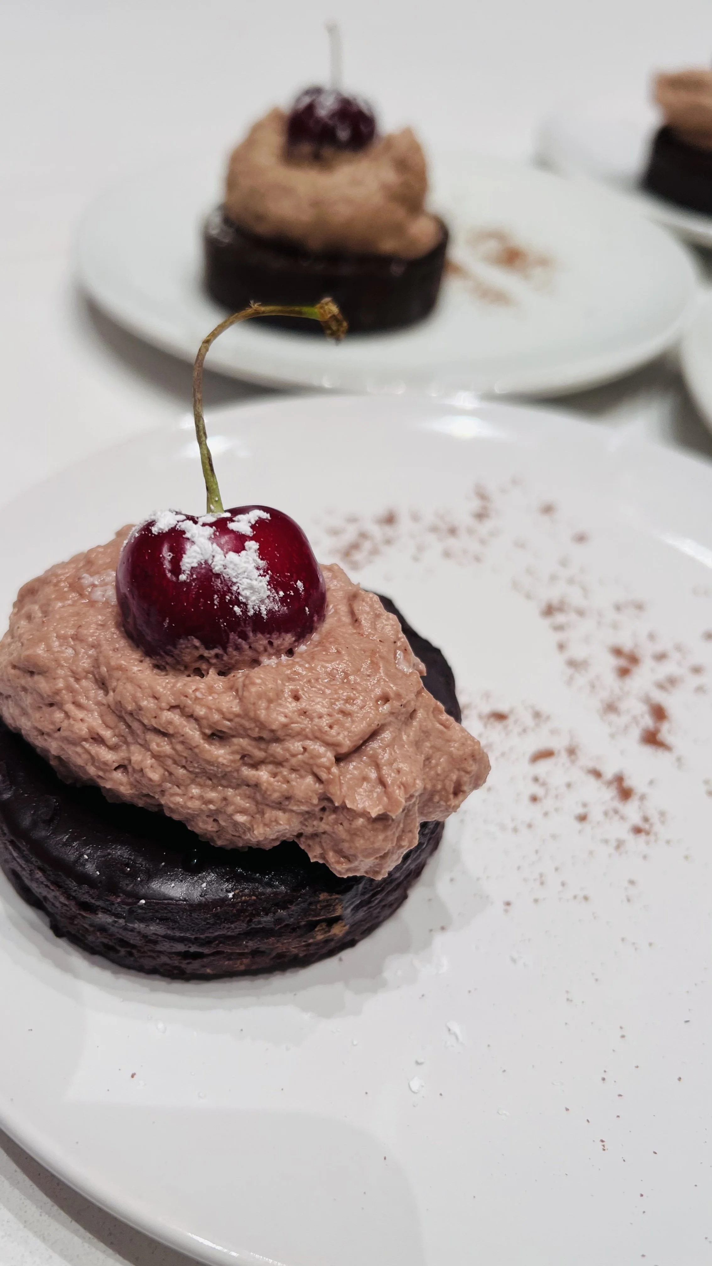 Flourless Chocolate Torte, Dark Chocolate & Brie Mousse, Vahlrona Cocoa, Black Cherry