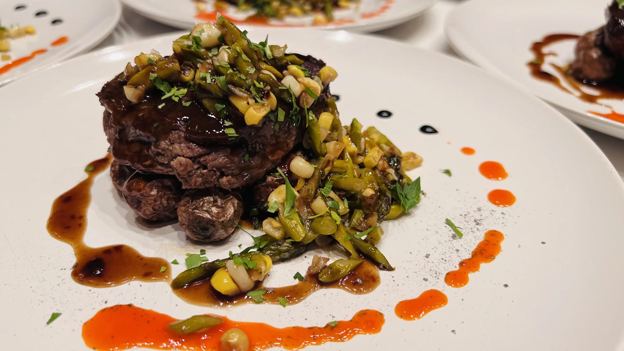 Center Cut Filet Mignon, Asparagus-Corn Hash, Marble Potatoes, Mushroom Veau de Glacé 