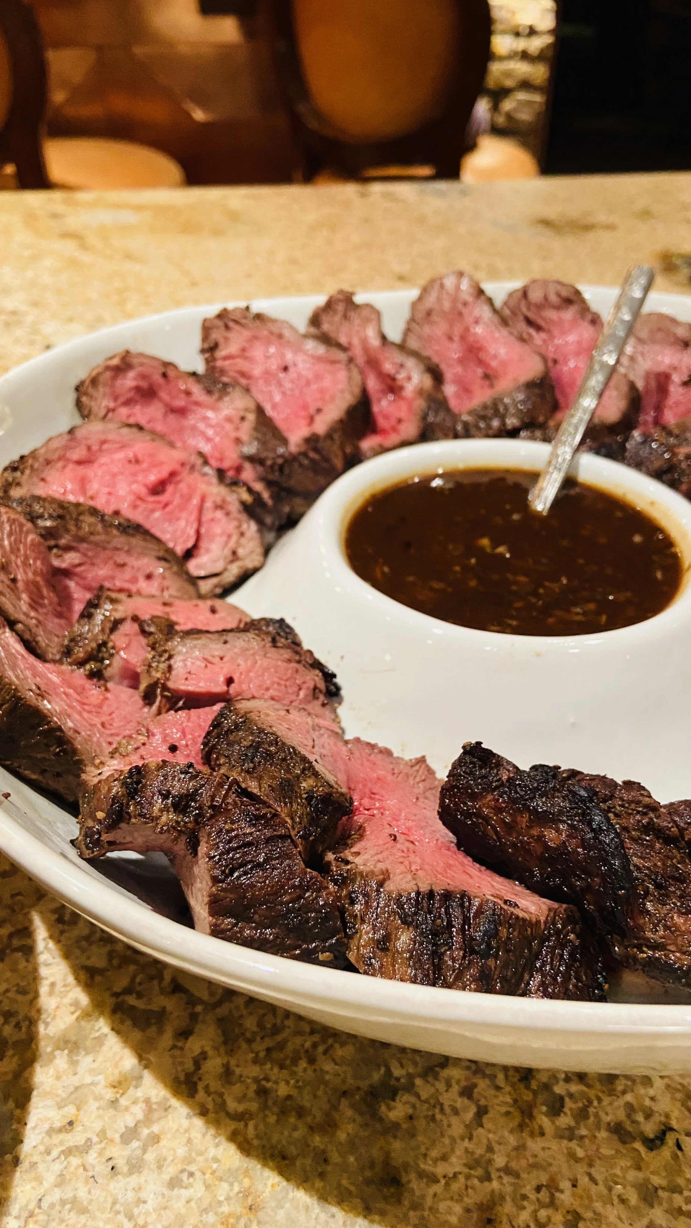 Chimichurri Rubbed & Roasted Colorado Beef Tenderloin Platter, Herbed Demi Glacé 