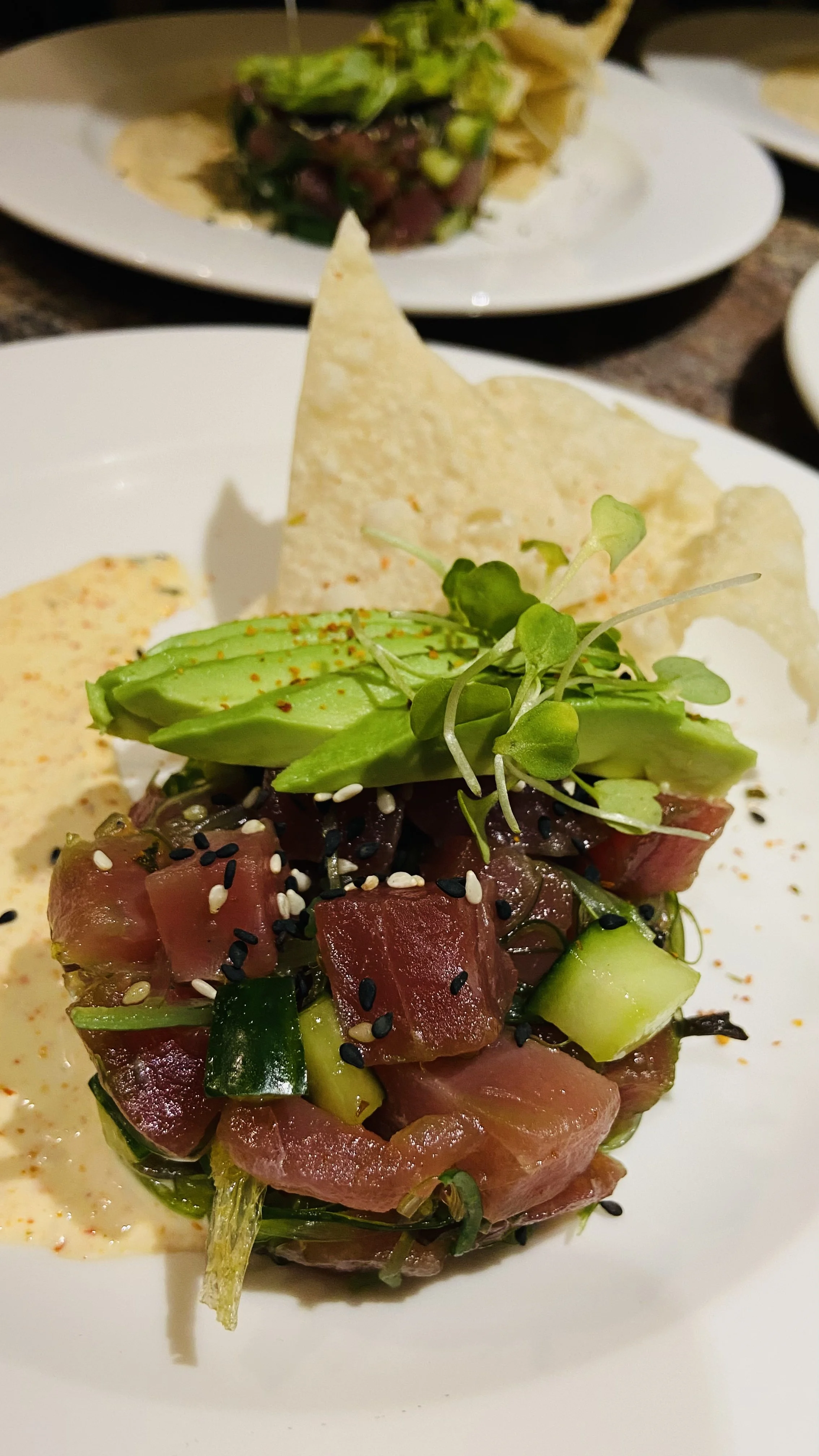 Tuna Poke, Avocado, Wonton, Togarashi Kewpie, Wakame Seaweed Salad