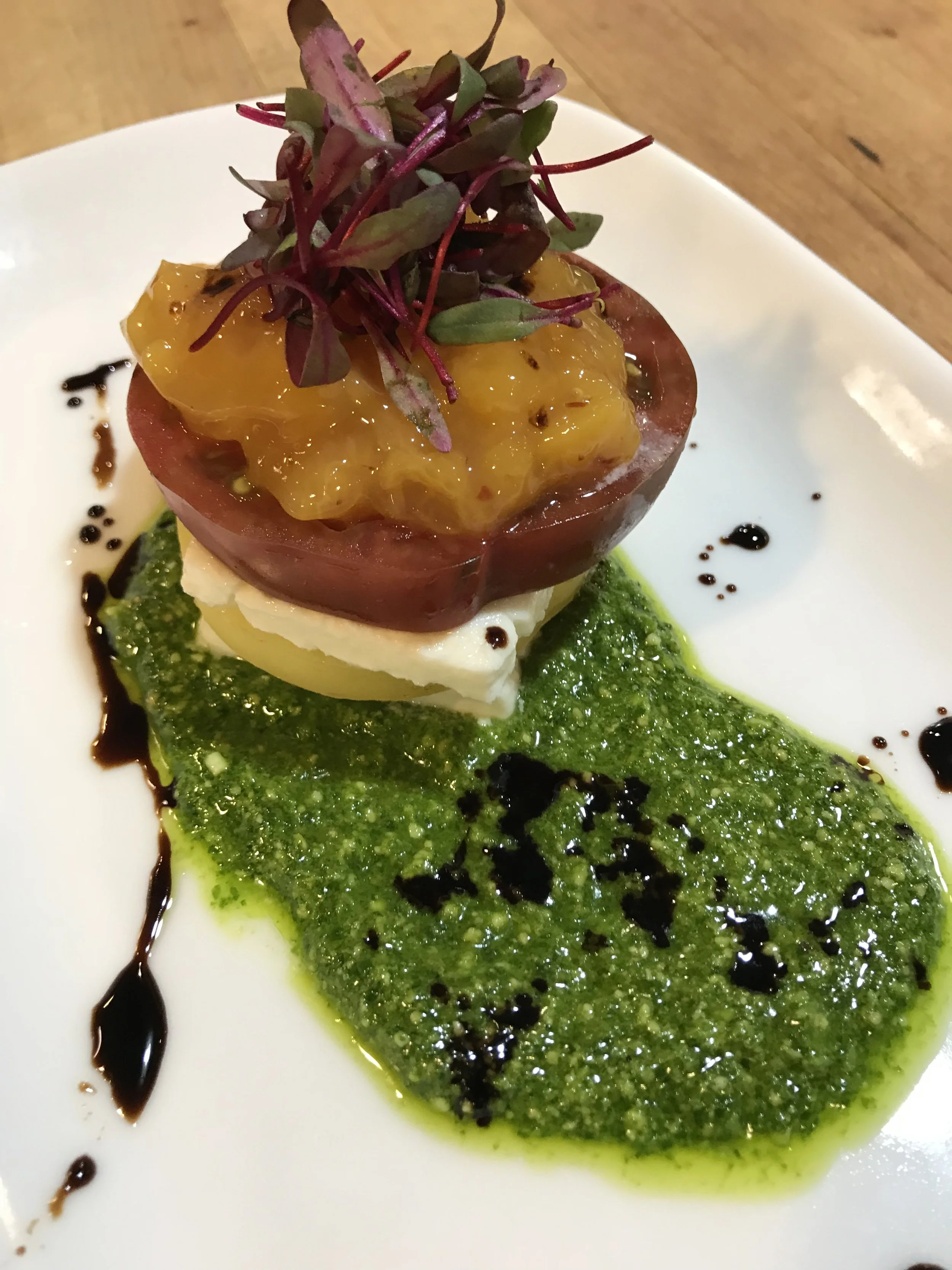Heirloom Tomato-House Mozzarella Tower, Peach Preserves, Pistachio-Arugula Pesto, Tondo, Bulls Blood Microgreens