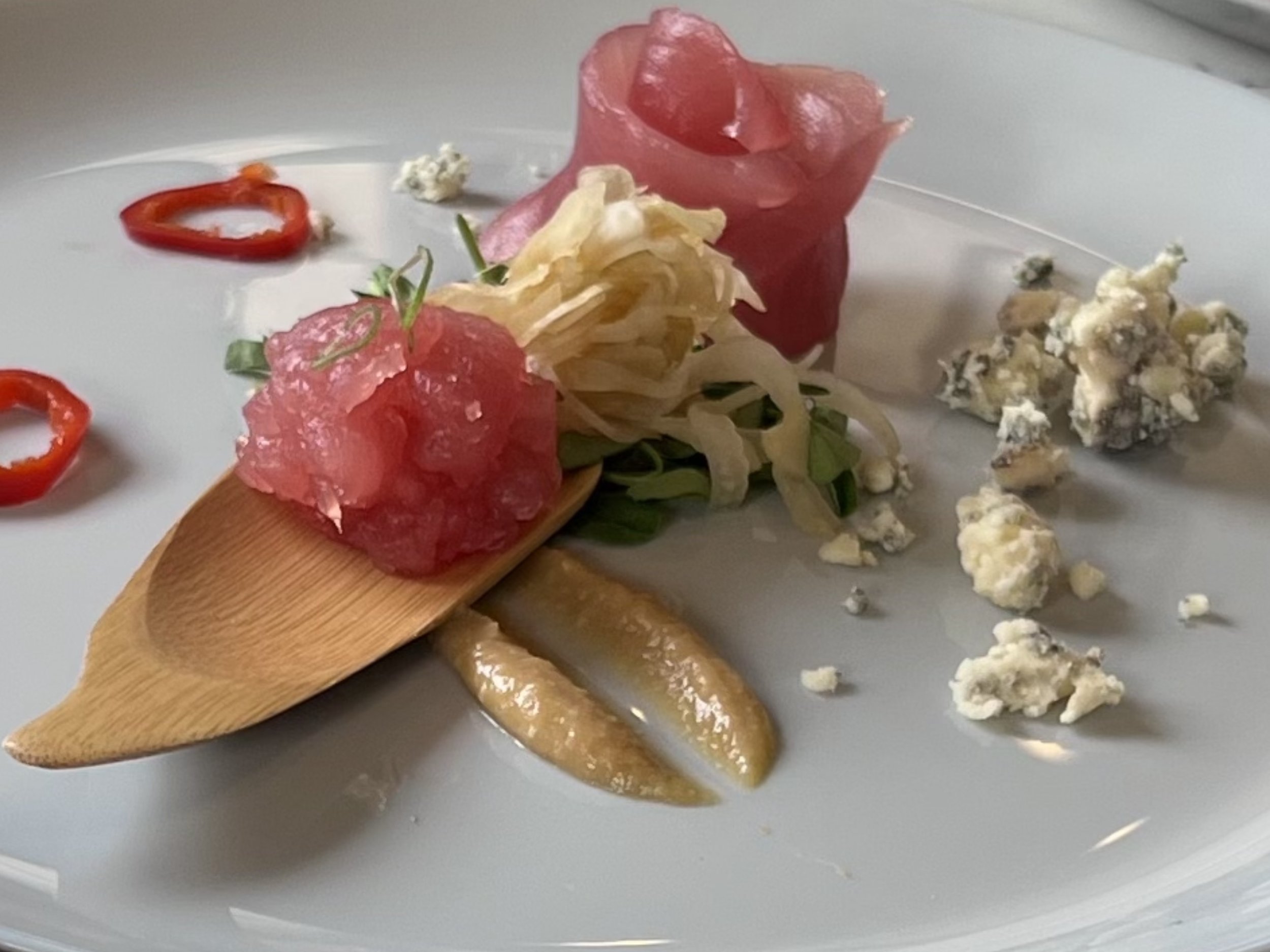 Yellowfin Tuna Naka, White Miso, Junmai Ginjo Sake-Fennel Salad, Pickled Fresno, Rogue River Blue Cheese