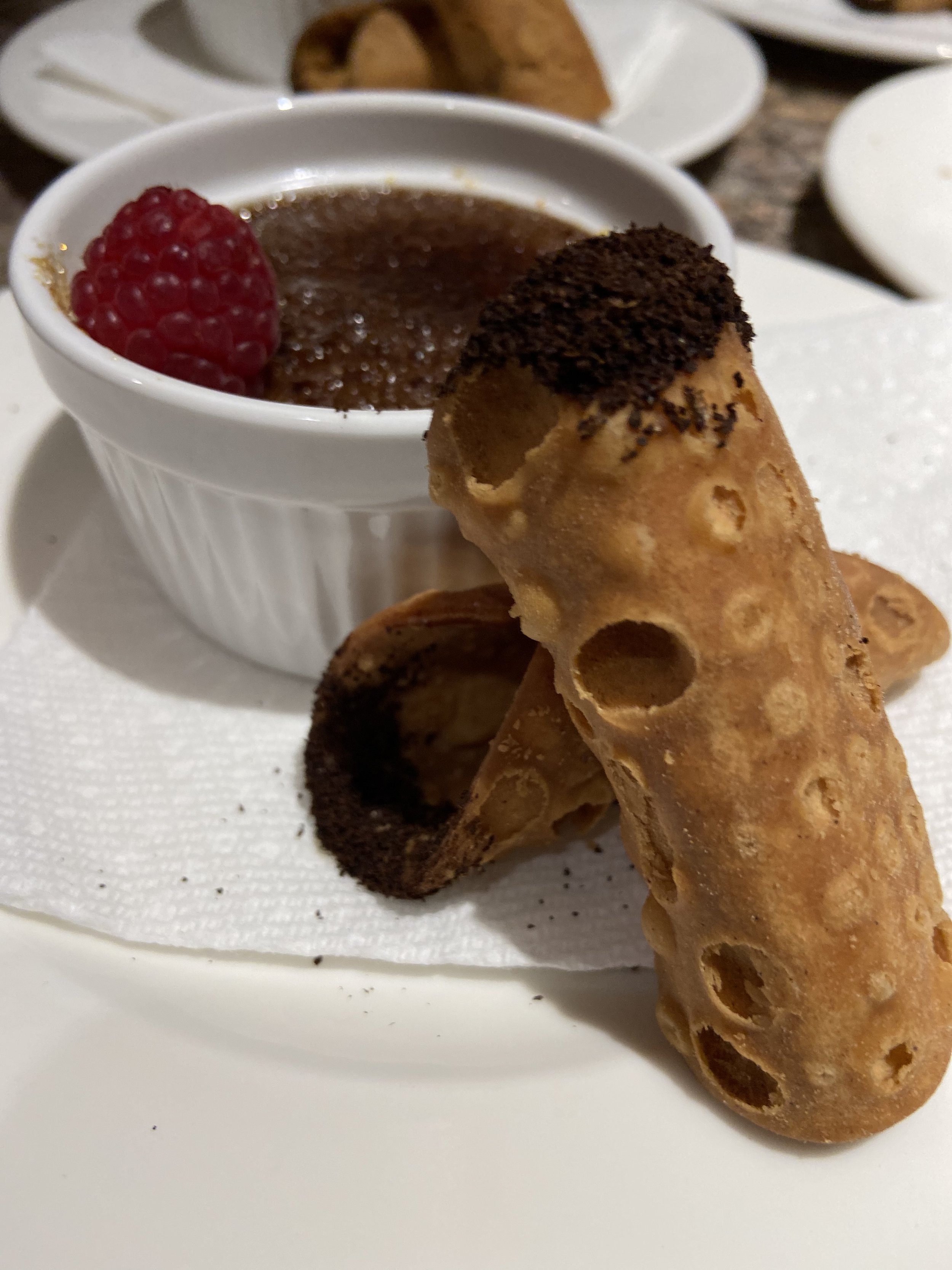 Dark Chocolate Creme Brûlée, Espresso Tuille Cookies