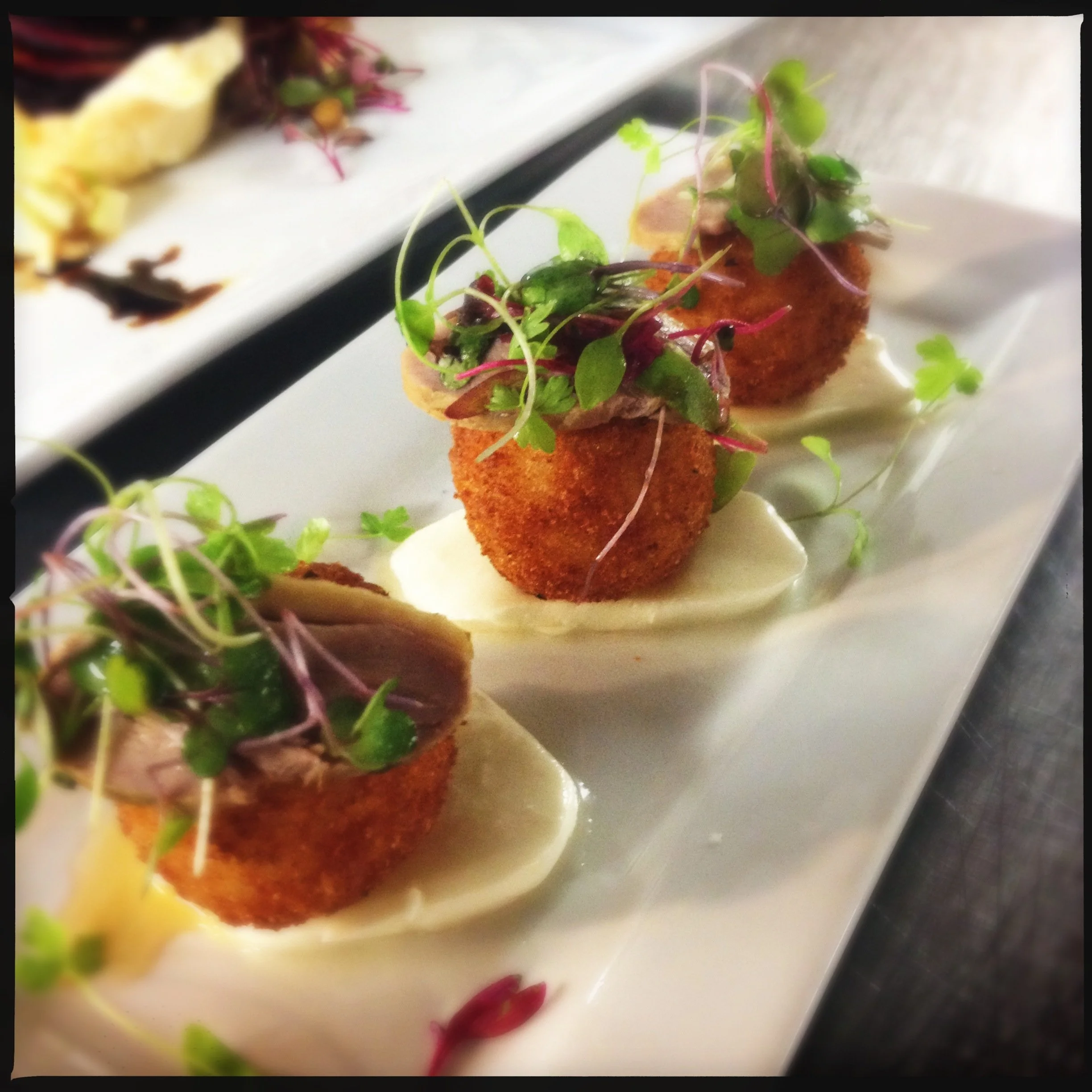 Pinenut Pesto-Blistered Tomato Stuffed Arancini, Fresh Mozzarella, Crispy Herb Crust, Microgreens 