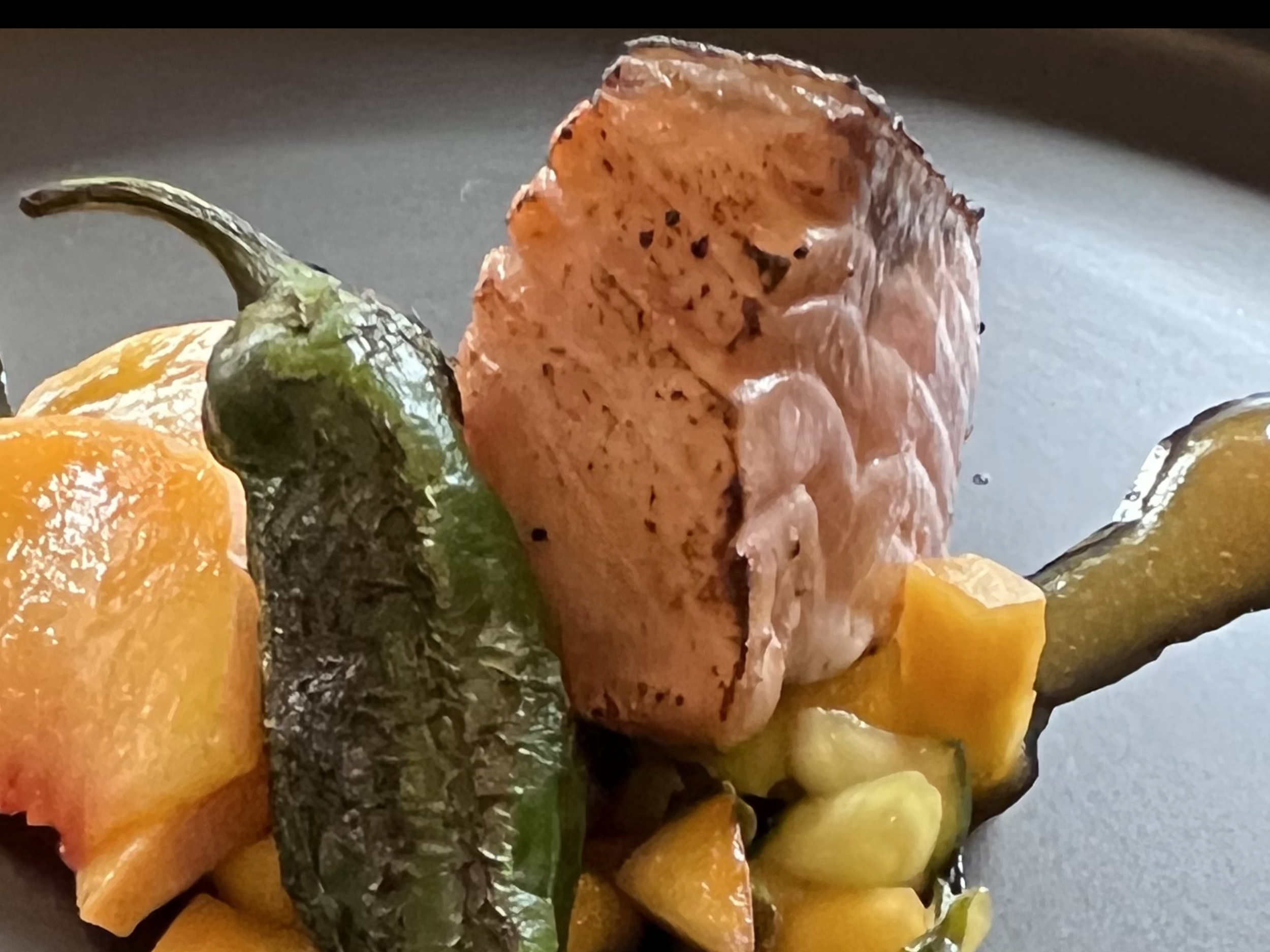 Wild King Salmon, Kombucha Laquer, Blistered Shishito, Cucumber-Palisade Peach Wakame Slaw, Peach-Ginger Coulis…