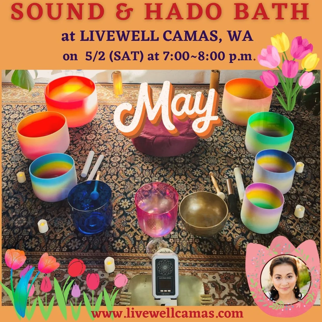 Crystal Bowls on a patterned Rug. May Soundbath and Hado Healing at LiveWell Camas Saturday May 2, 7 pm - 8 pm