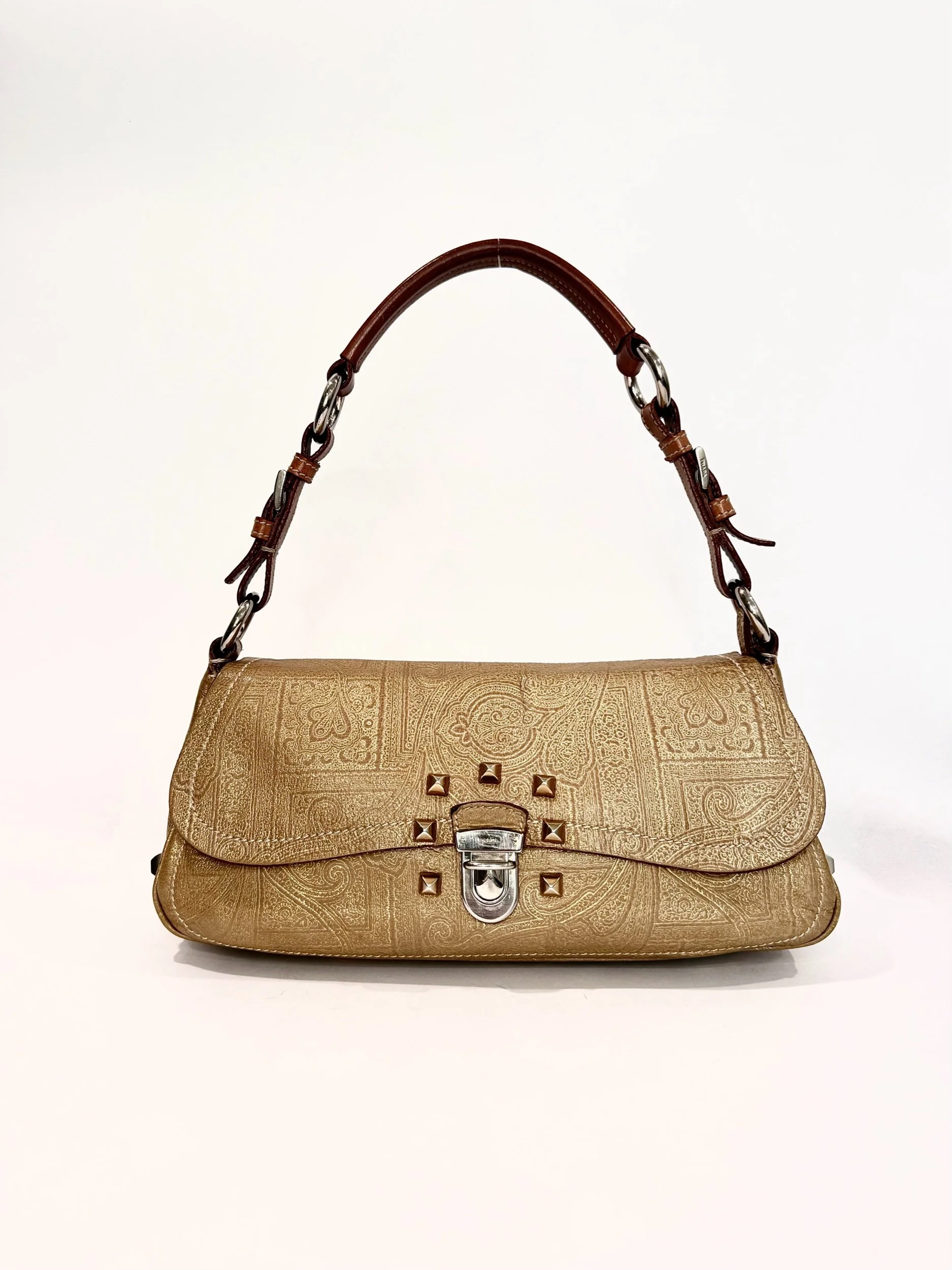 Prada Embossed Studded Shoulder Bag