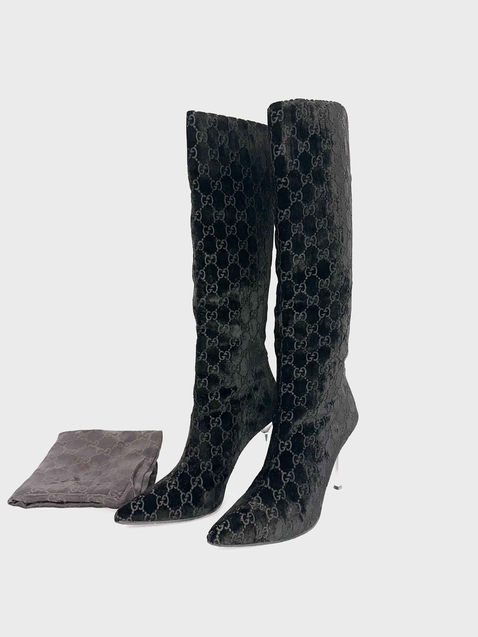 Gucci Black Monogram Velvet Boots, Sz 39
