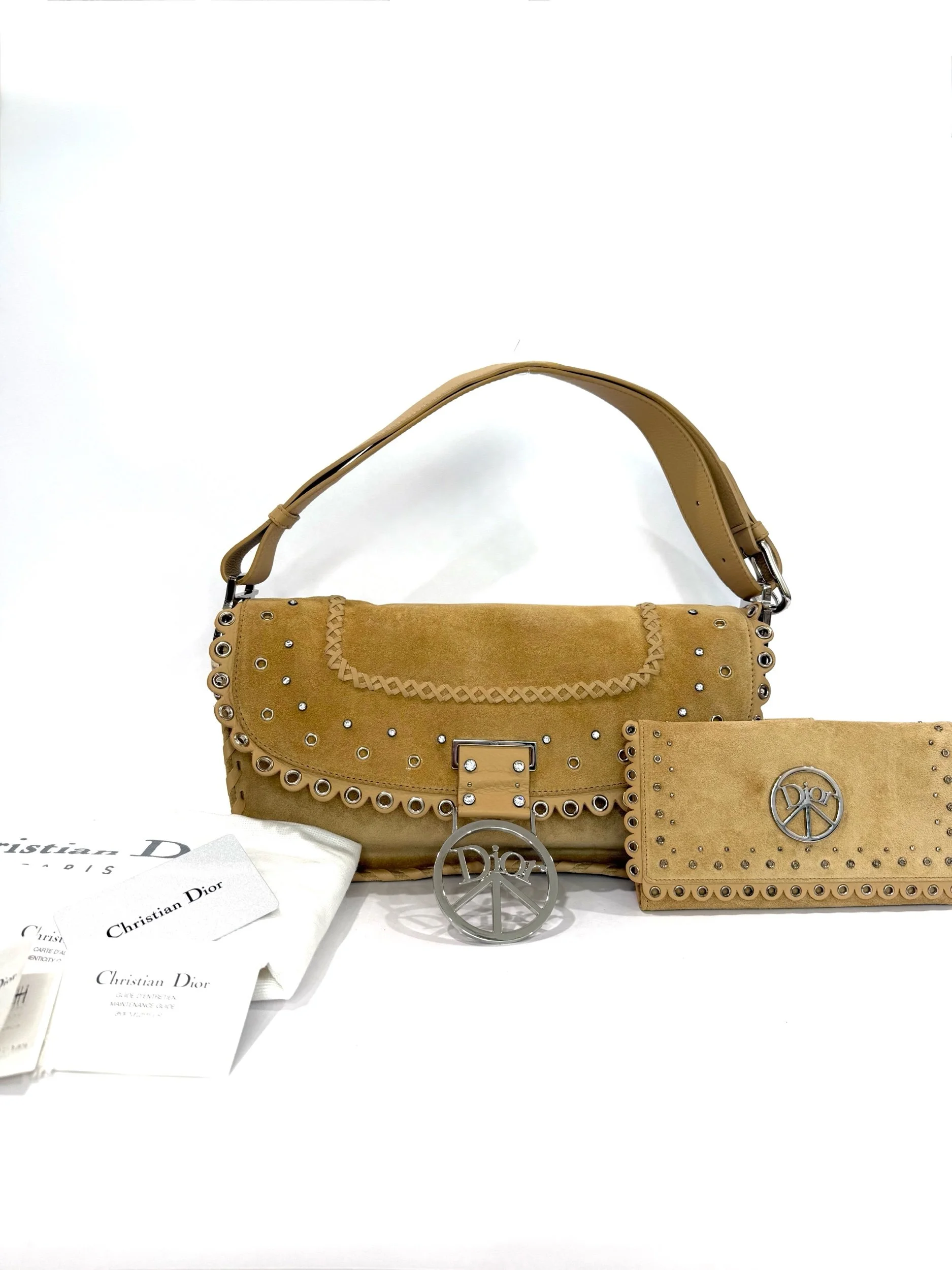 Dior Peace Studded Suede Shoulder Bag with Matching Wallet