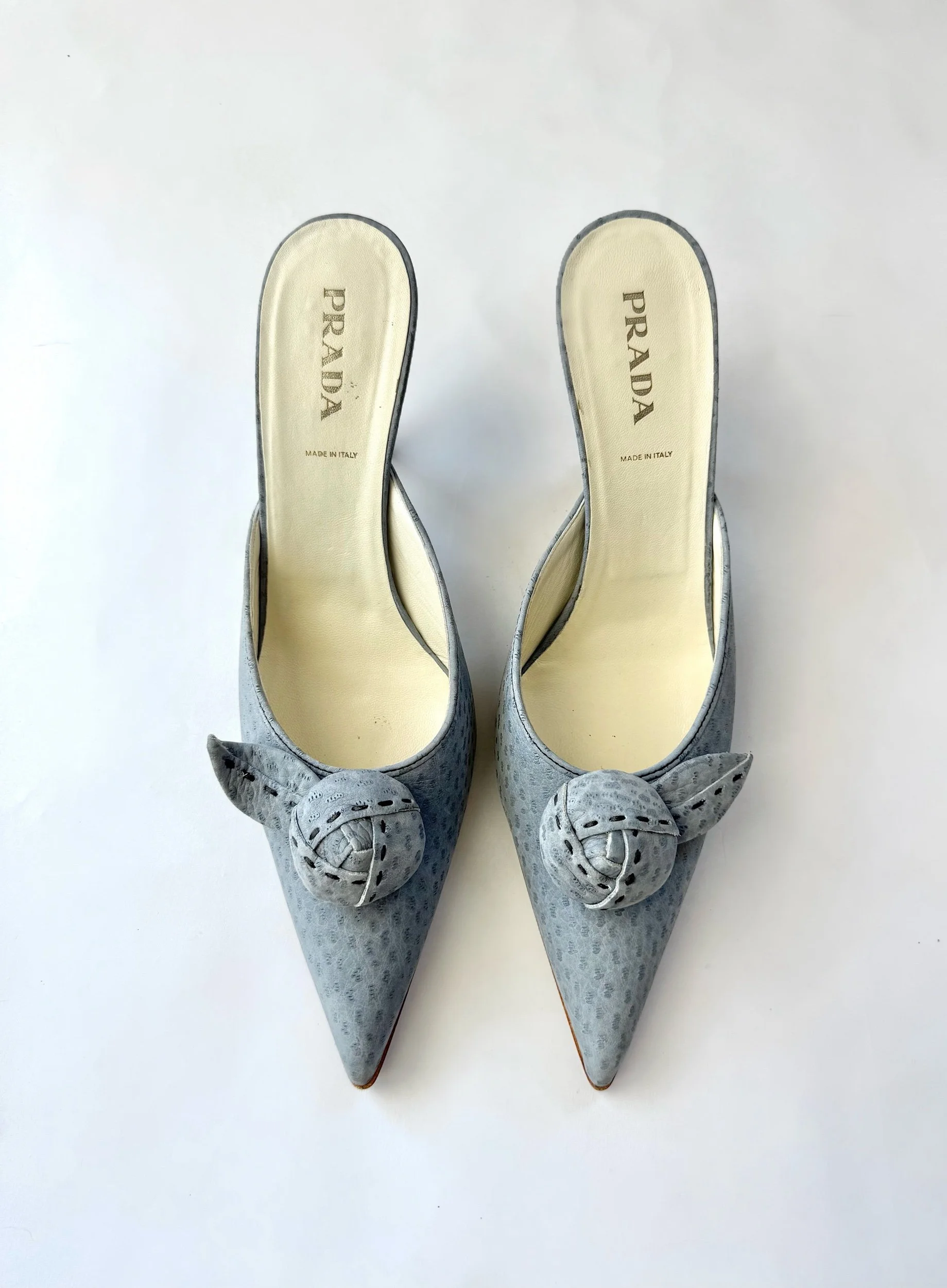 Prada Blue Rosette Leather Mules, Size 40