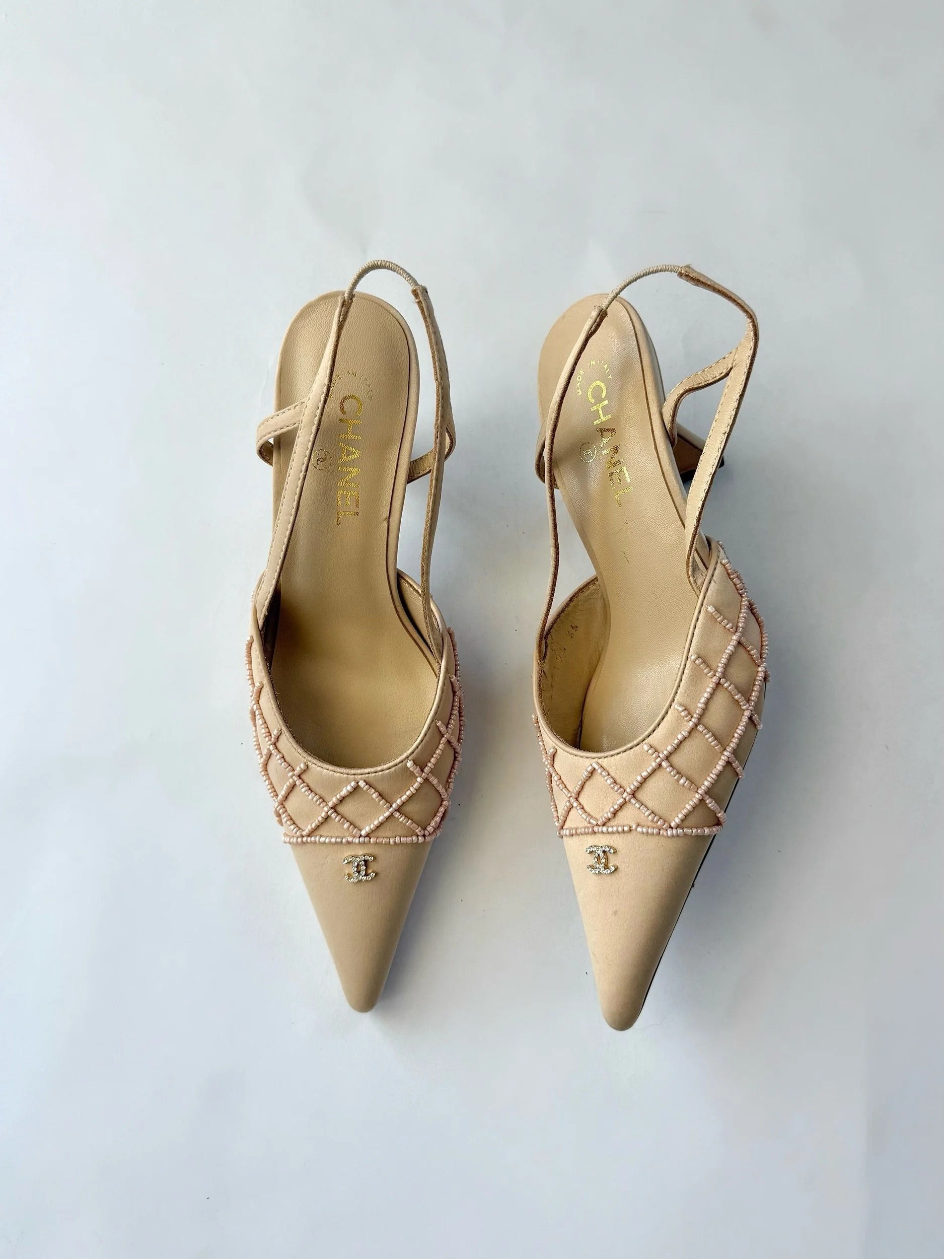 Chanel Nude Beaded Slingbacks, Size 35