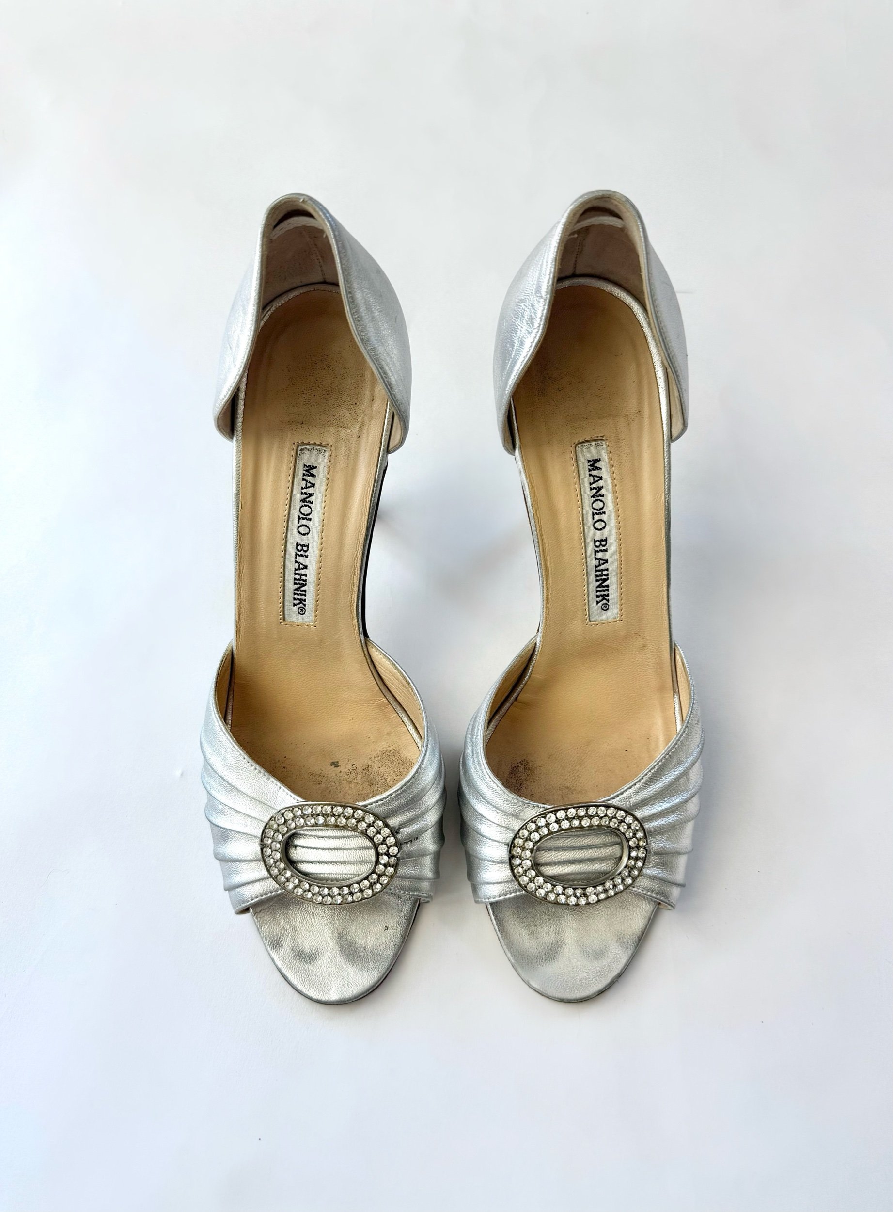 Manolo Blahnik Silver D'Orsay Peep Toe Heels, Size 38