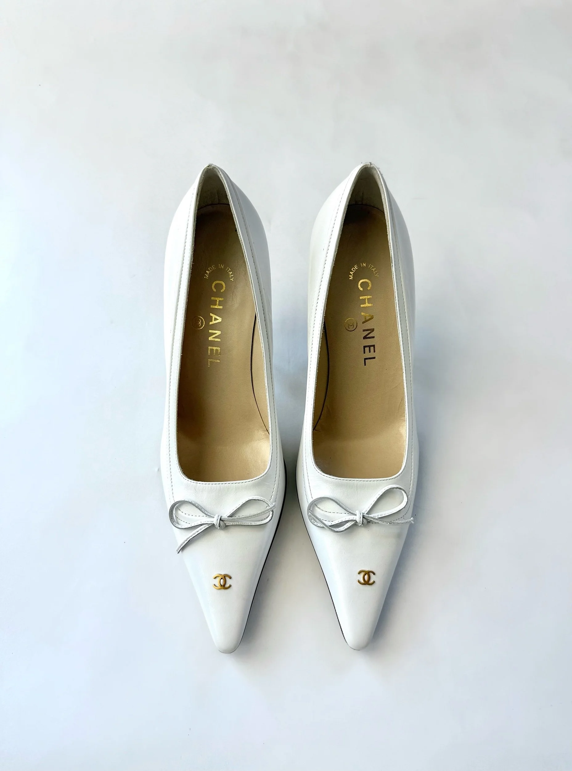 Chanel White Leather CC Heels, Size 37