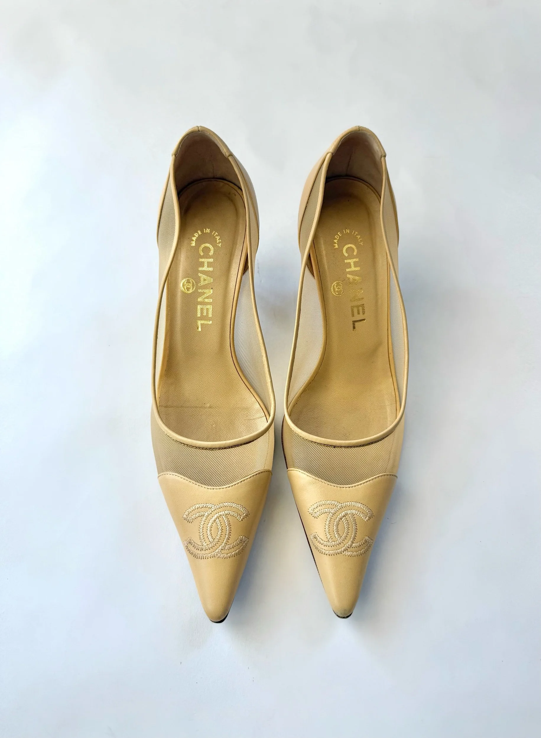 Chanel Nude Mesh CC Heels, Size 37.5