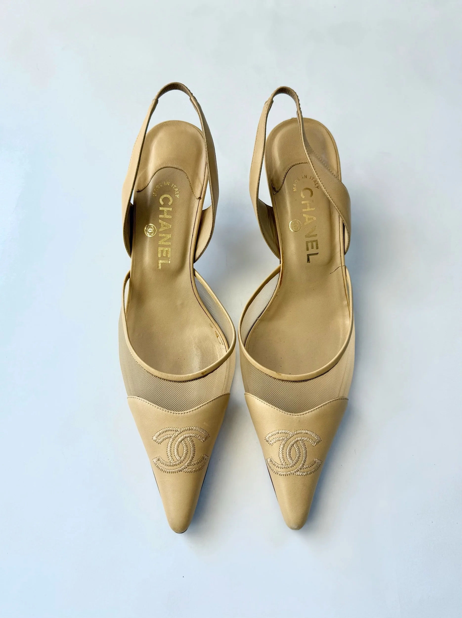 Chanel Nude Mesh CC Slingbacks, Size 41