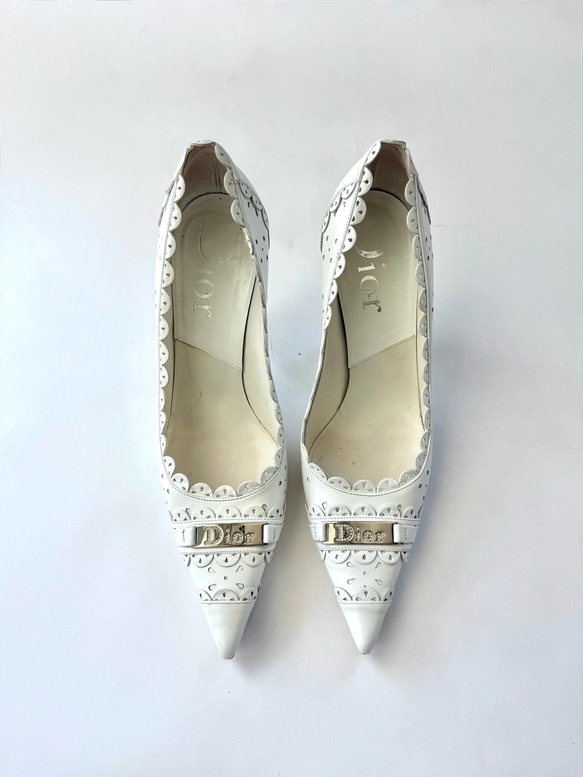 Dior Scalloped Leather Logo Heels, Size 39