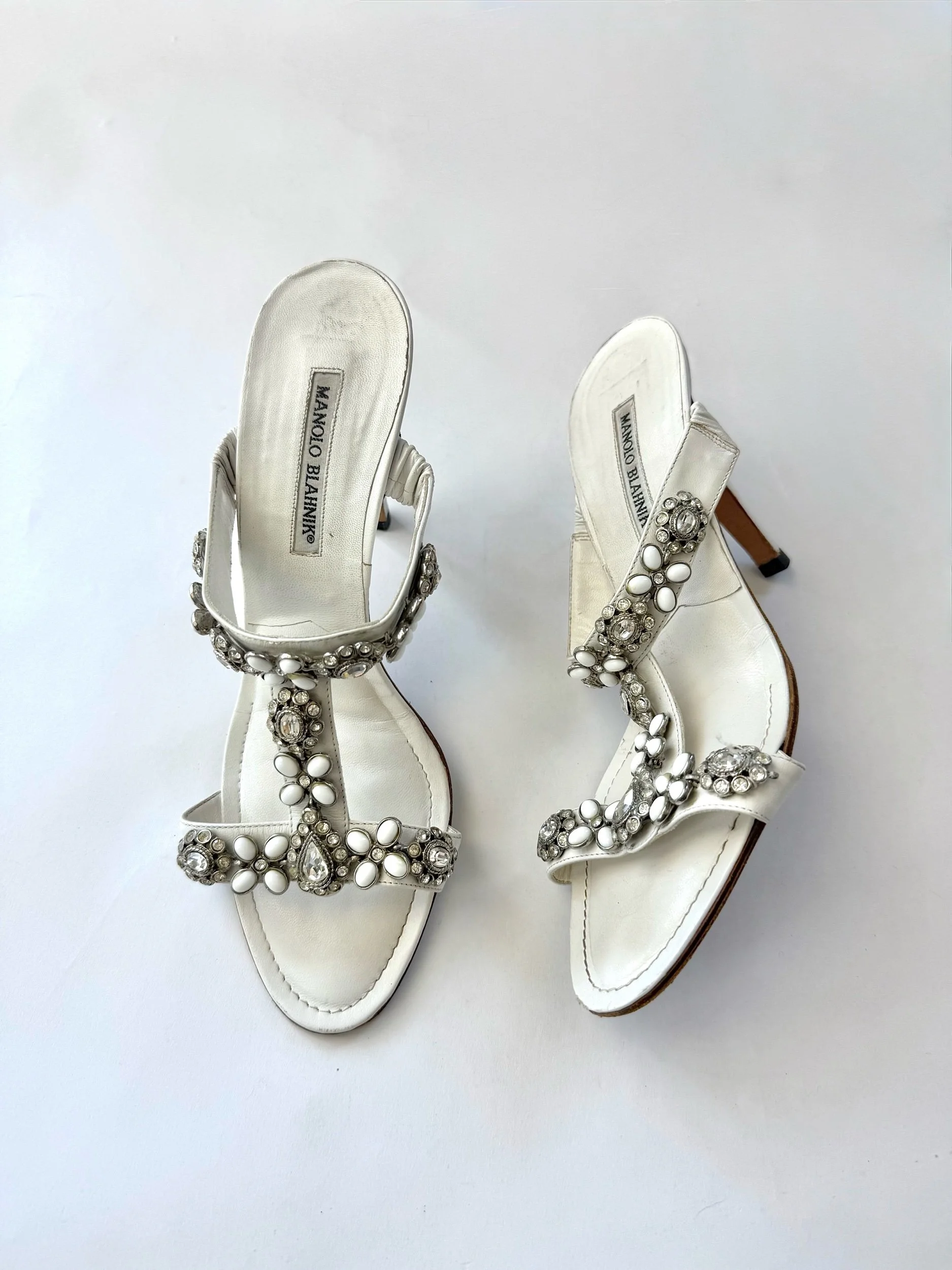 Manolo Blahnik White Embellished Sandals, Size 41