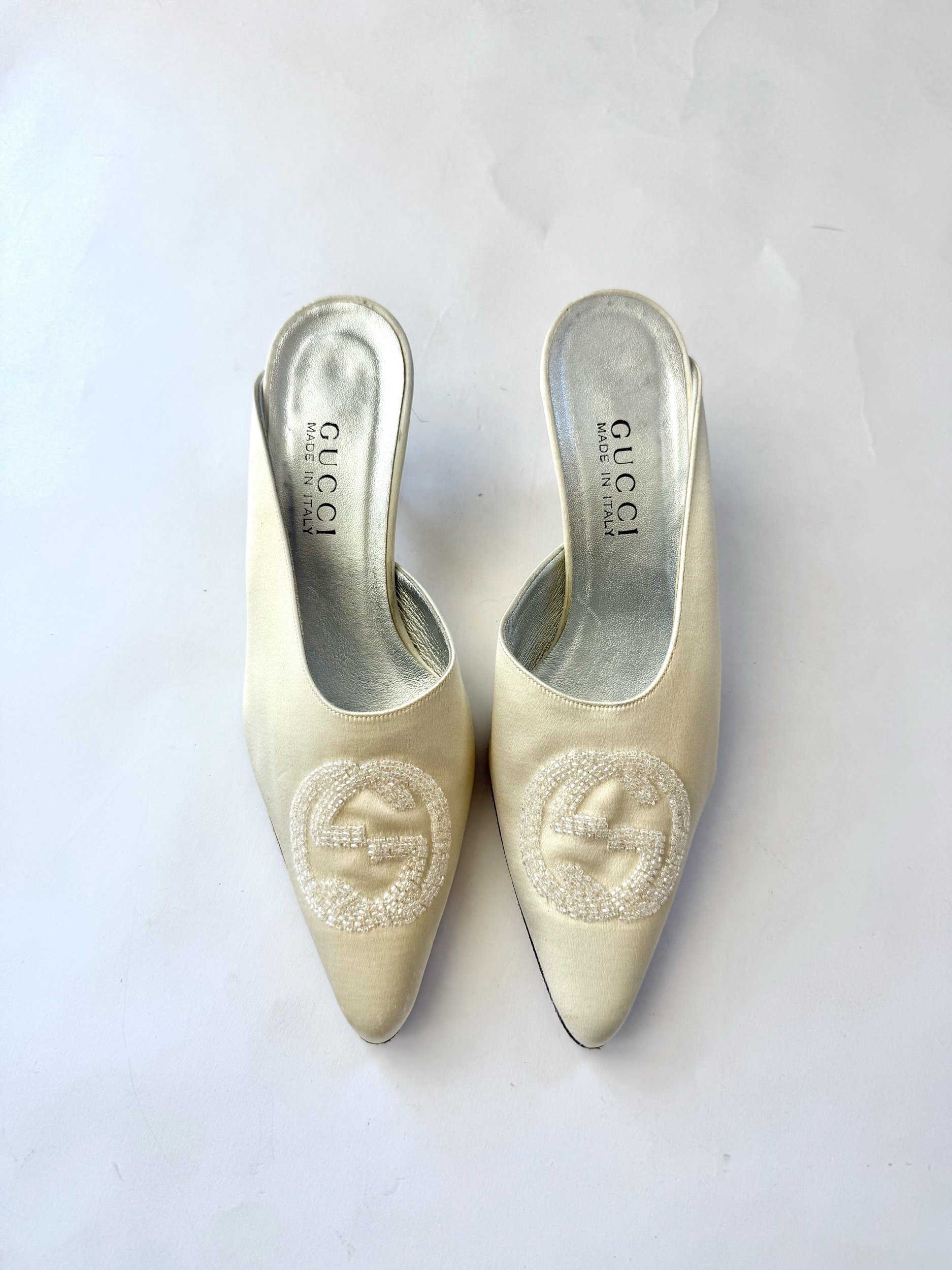 Gucci Cream Satin Beaded Mules, Size 7