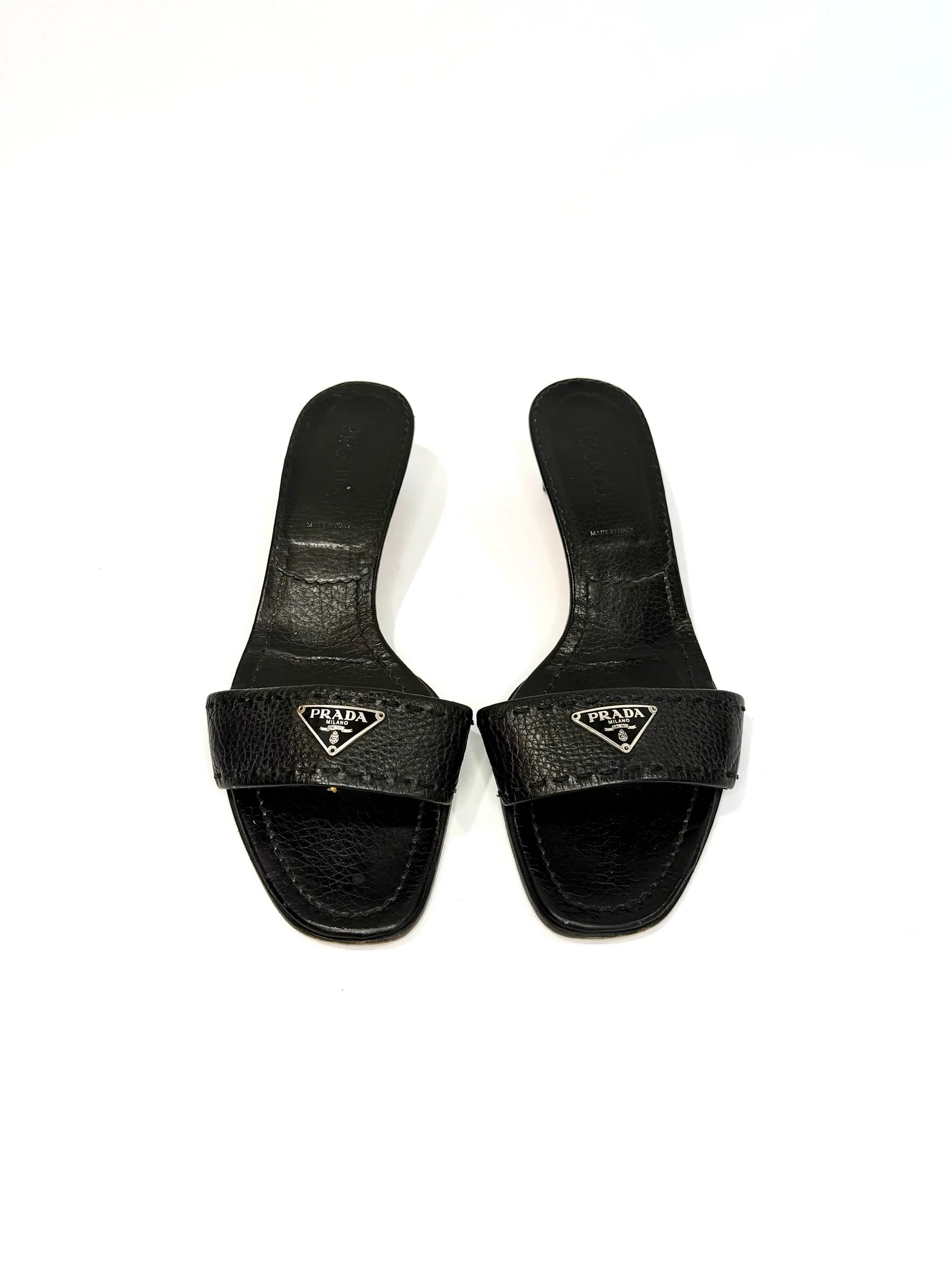 Prada Leather Logo Kitten Sandals, Size 37.5