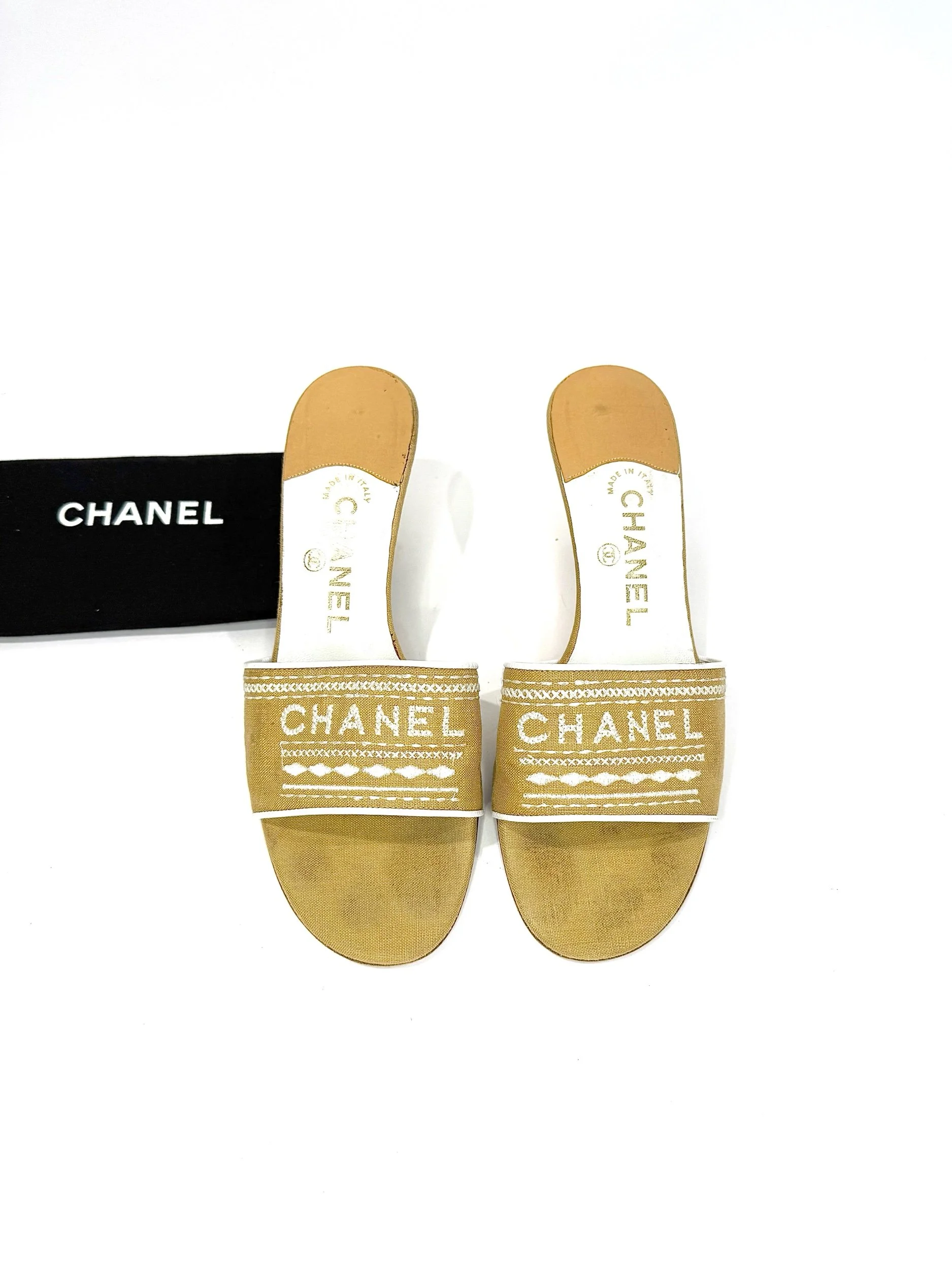 Chanel Logo Stitched Linen Sandals, Size 38.5