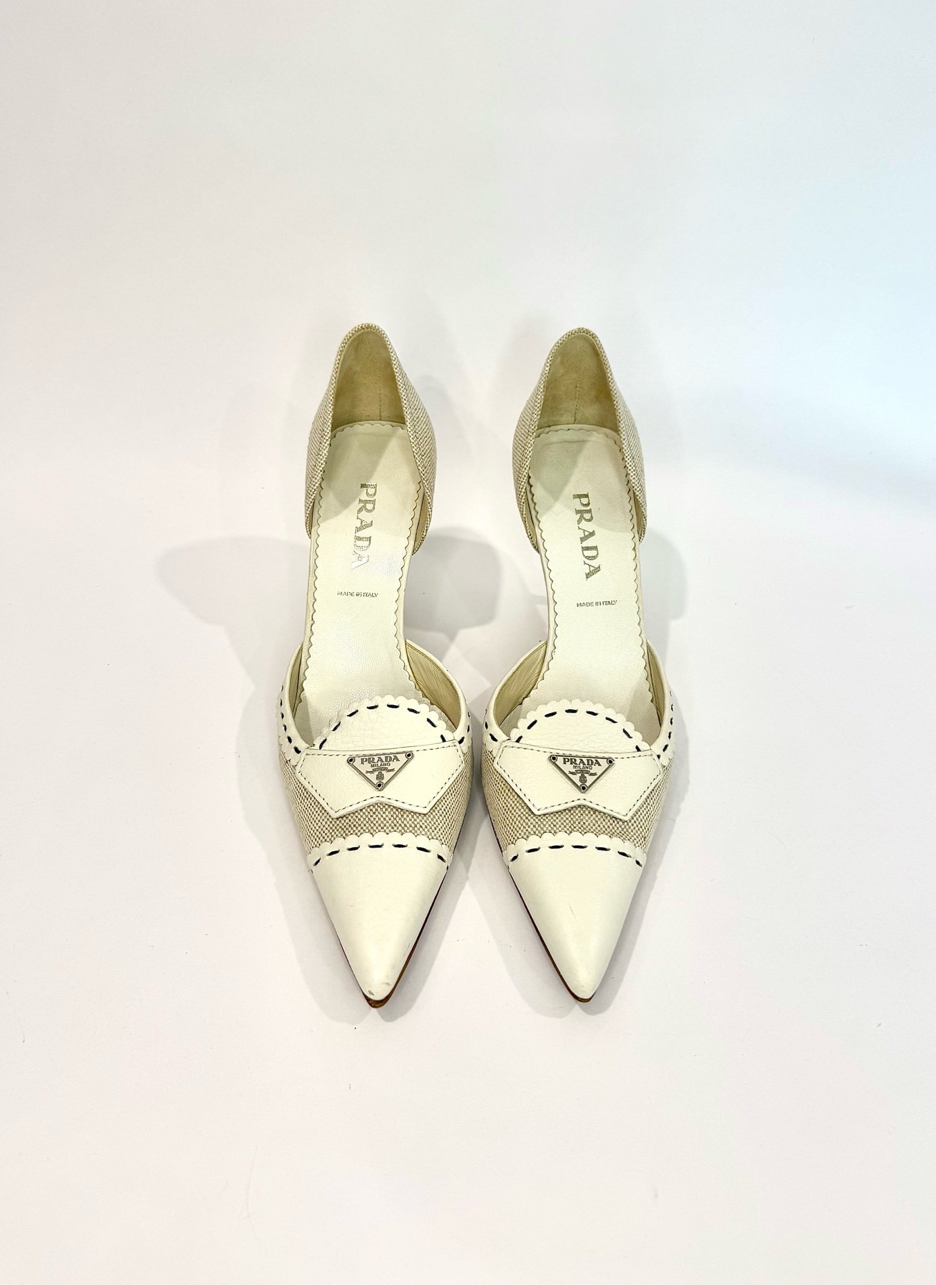 Prada Canvas Logo Pointed Heels, Size 36.5