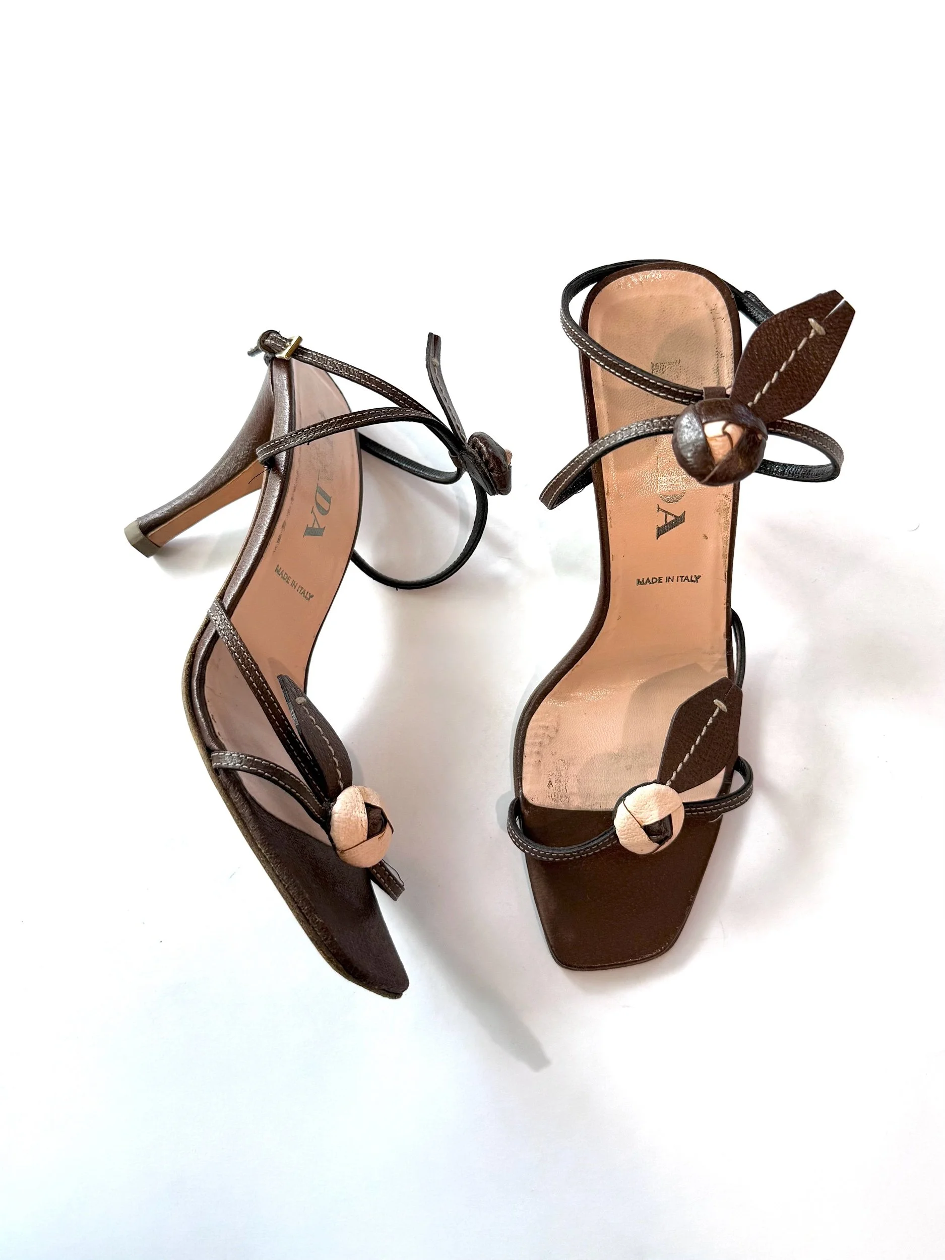 Prada Leather Floret Strappy Heels, Size 38