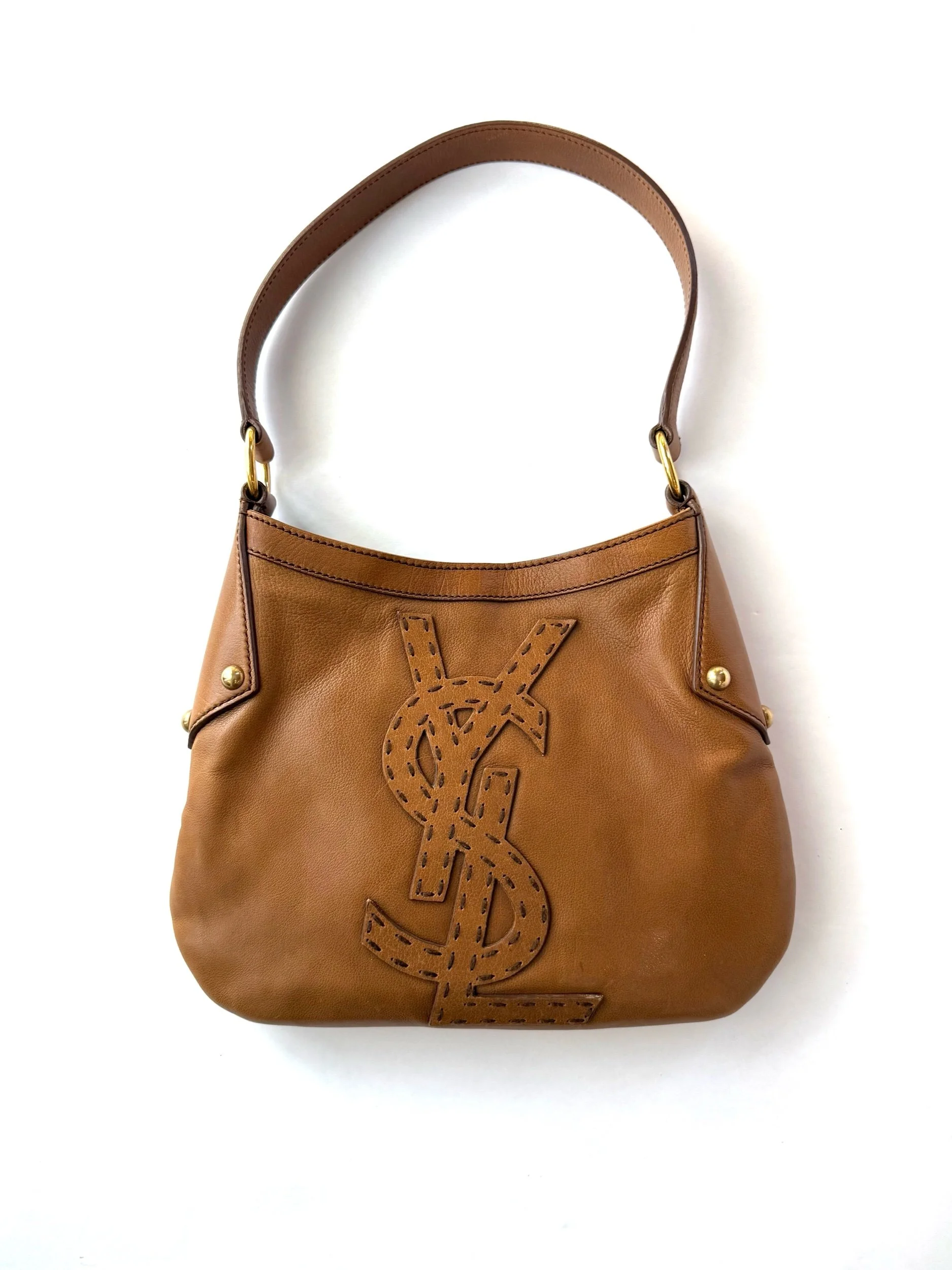 YSL Brown Leather Logo Shoulder Bag