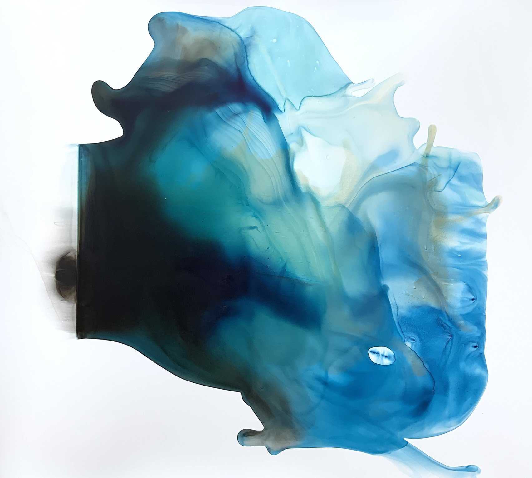 Blue Morpho III. River Water and Acrylic Ink on Polypropylene. 36 x 30 in. 2021