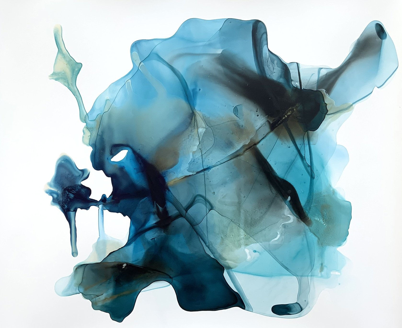 Blue Morpho. Lake Water and Acrylic Ink on Polypropylene. 36 x 30 in. 2021