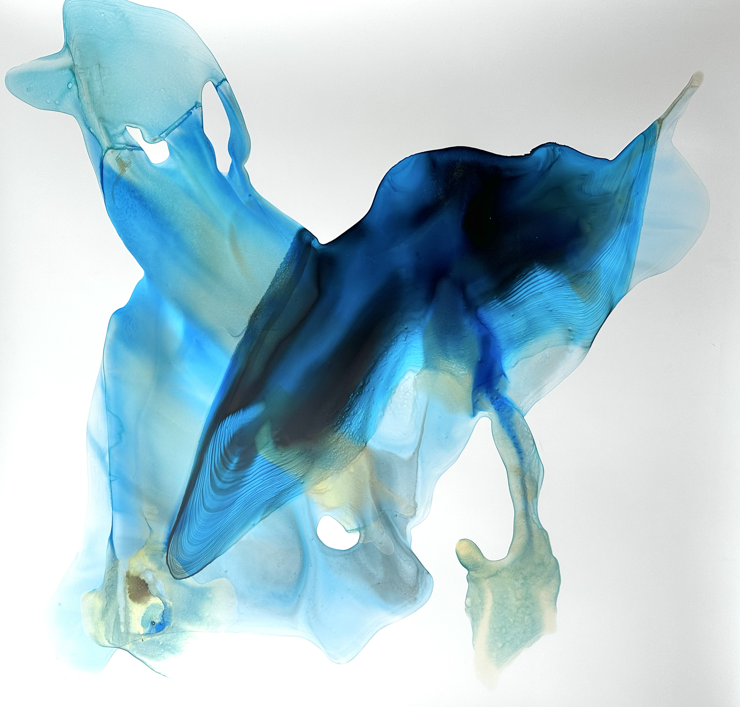 Blue Jade. Creek Water and Acrylic Ink on Polypropylene. 30 x 30 in. 2023