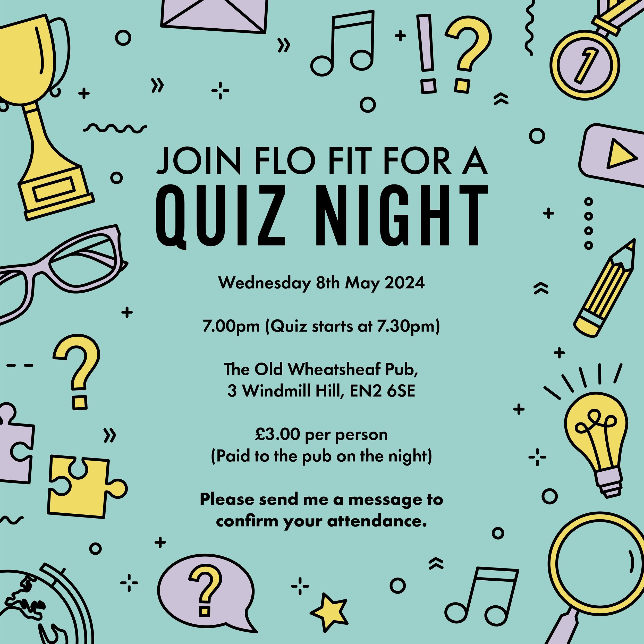 As the Christmas cream tea in December was a success, I thought it only made sense to organise another social event! This time a Quiz Night! 🤔

📆 Wednesday 8th May 2024
⏰ 7.00pm (Quiz starts at 7.30pm)
📍 The Old Wheatsheaf, 3 Windmill Hill, Enfiel