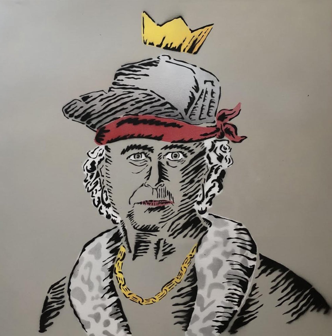 "Queen Elizabeth in the Hood", (16"x16"), Spray paint on Canvas 