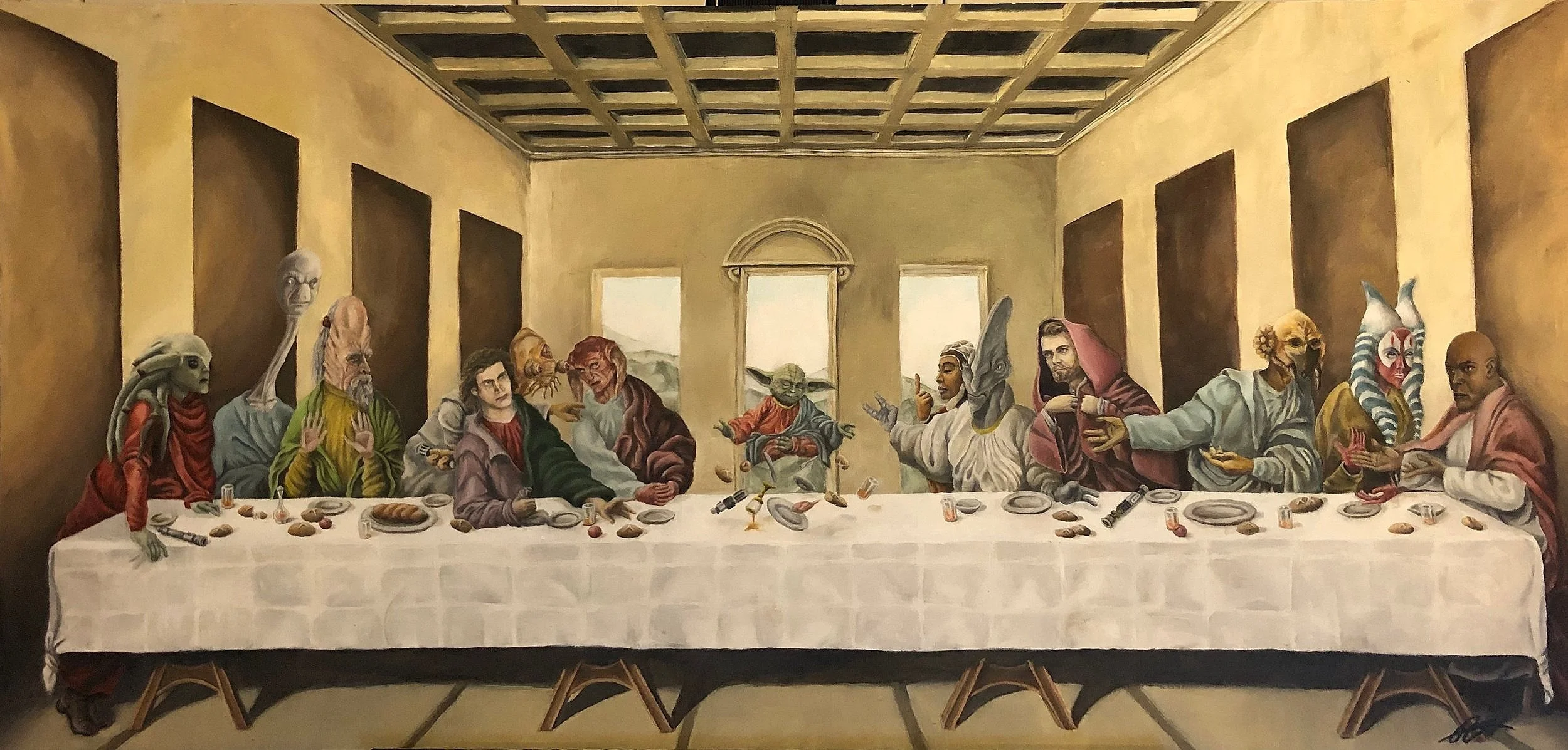"The Last Council" (24x48") Oil on Board: parody of Leonardo da Vinci's, "The Last Supper", (March 2020), 