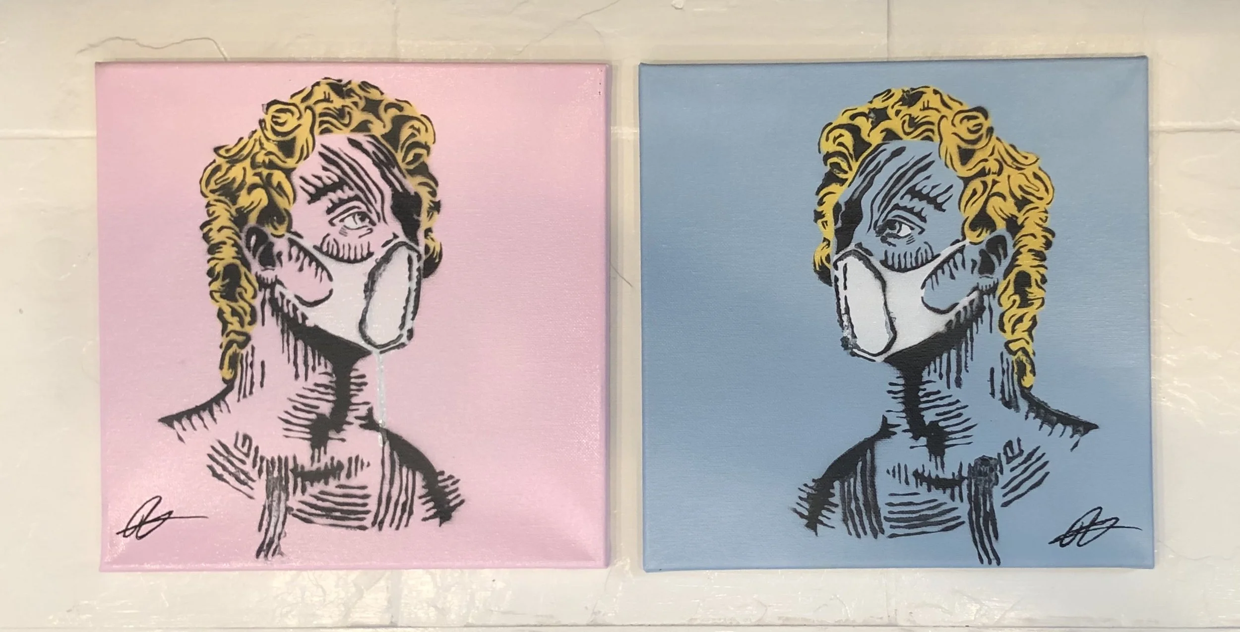 "Masked up" diptych (both 8x8") spray paint on canvas. 