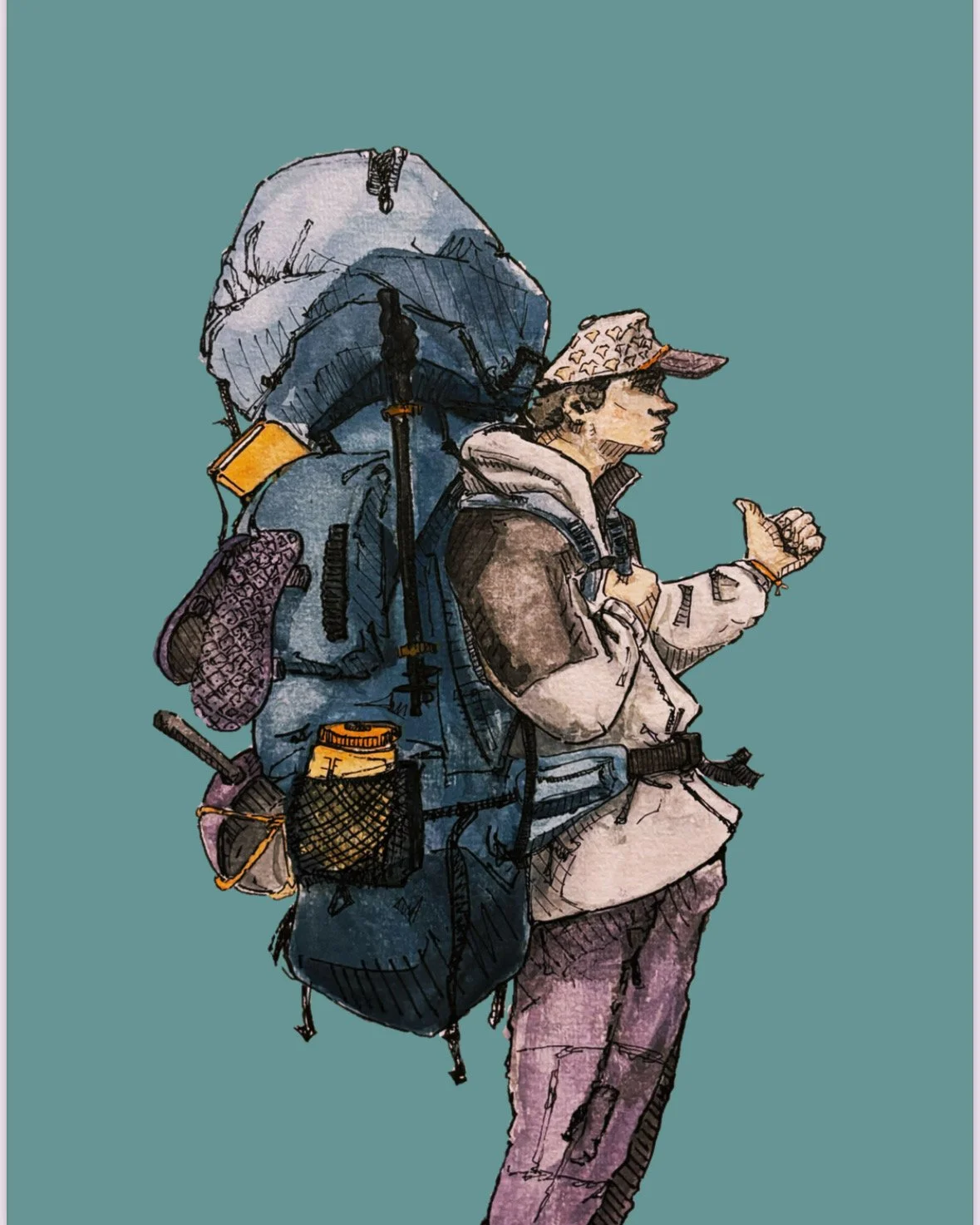 "Hitch hiker", (12x18"), Watercolor & Pen, (March 2024)