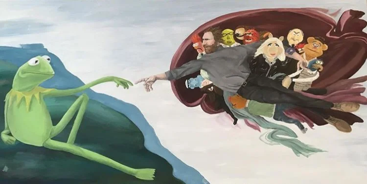 "The Creation Of Kermit" (30x48") Oil on Canvas, (March 2019) : parody art of "The Creation of Adam" by Michelangelo.
Depicting Jim Henson (creator behind the Muppets), Kermit the Frog, and other notable muppets.