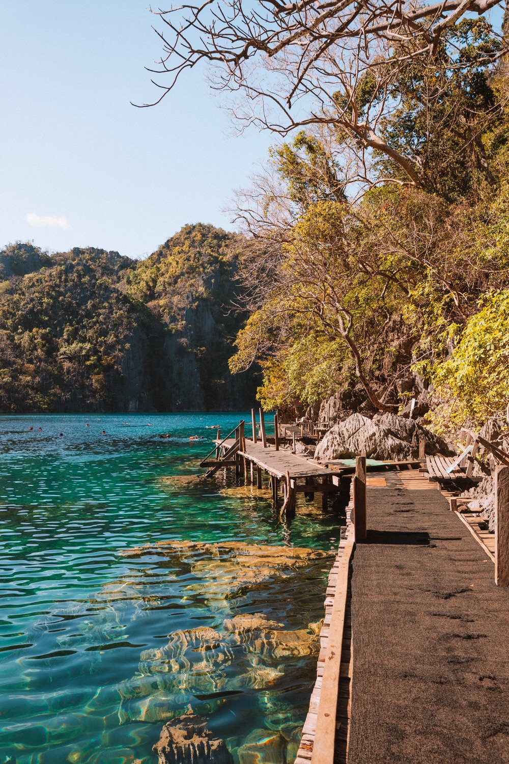 Crystal-clear waters invite a quiet swim in Coron.