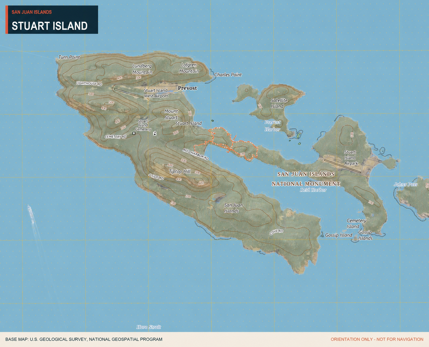 USGS topographic map of Stuart Island, including Reid Harbor and Prevost Harbor
