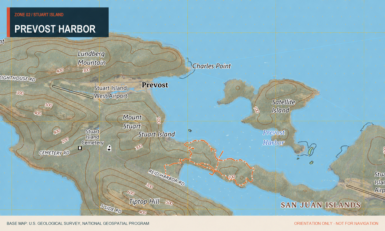 USGS topographic detail map of Prevost Harbor on Stuart Island