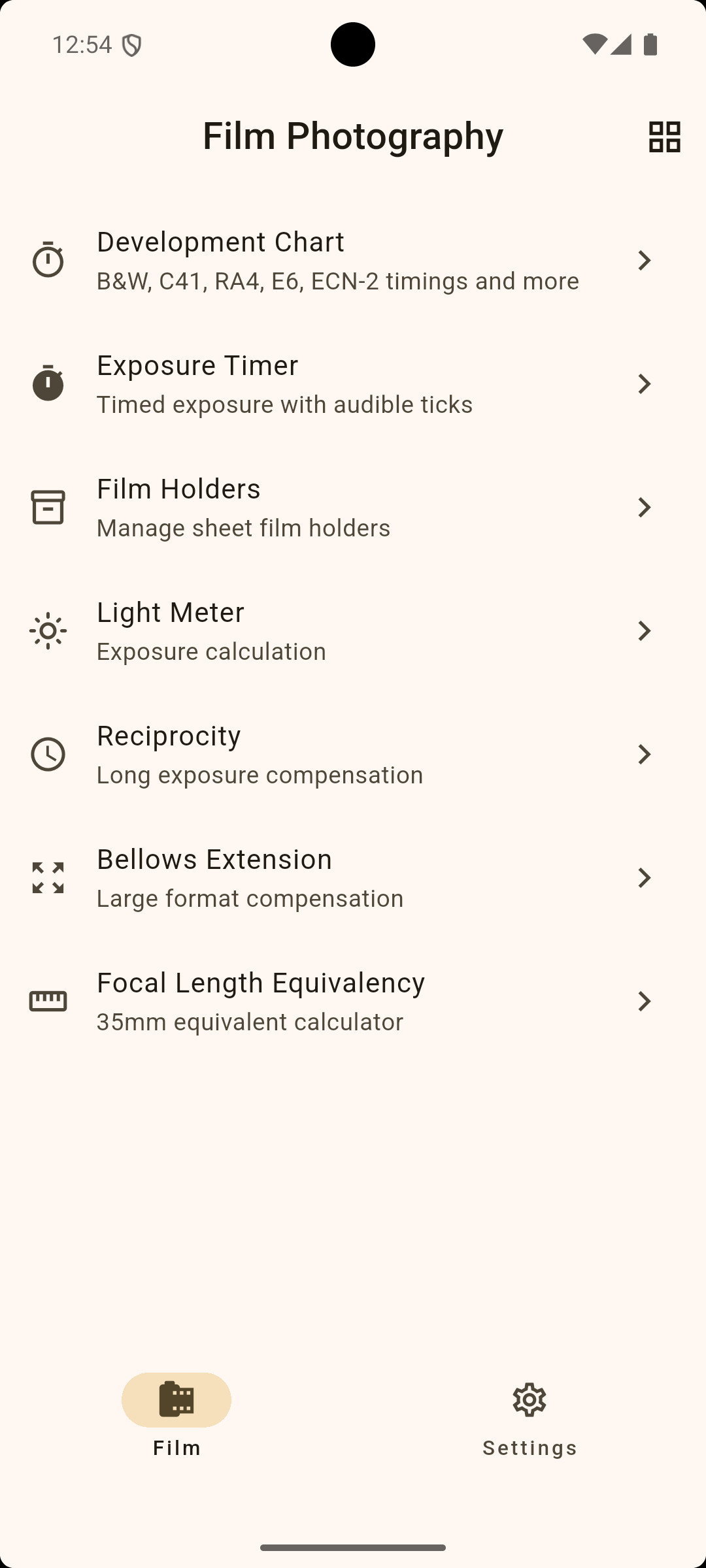 Mobile app screenshot of 'Film Photography' settings menu, including options for development chart, exposure timer, film holders, light meter, reciprocity, bellows extension, and focal length equivalency. Bottom menu has 'Film' and 'Settings' icons.