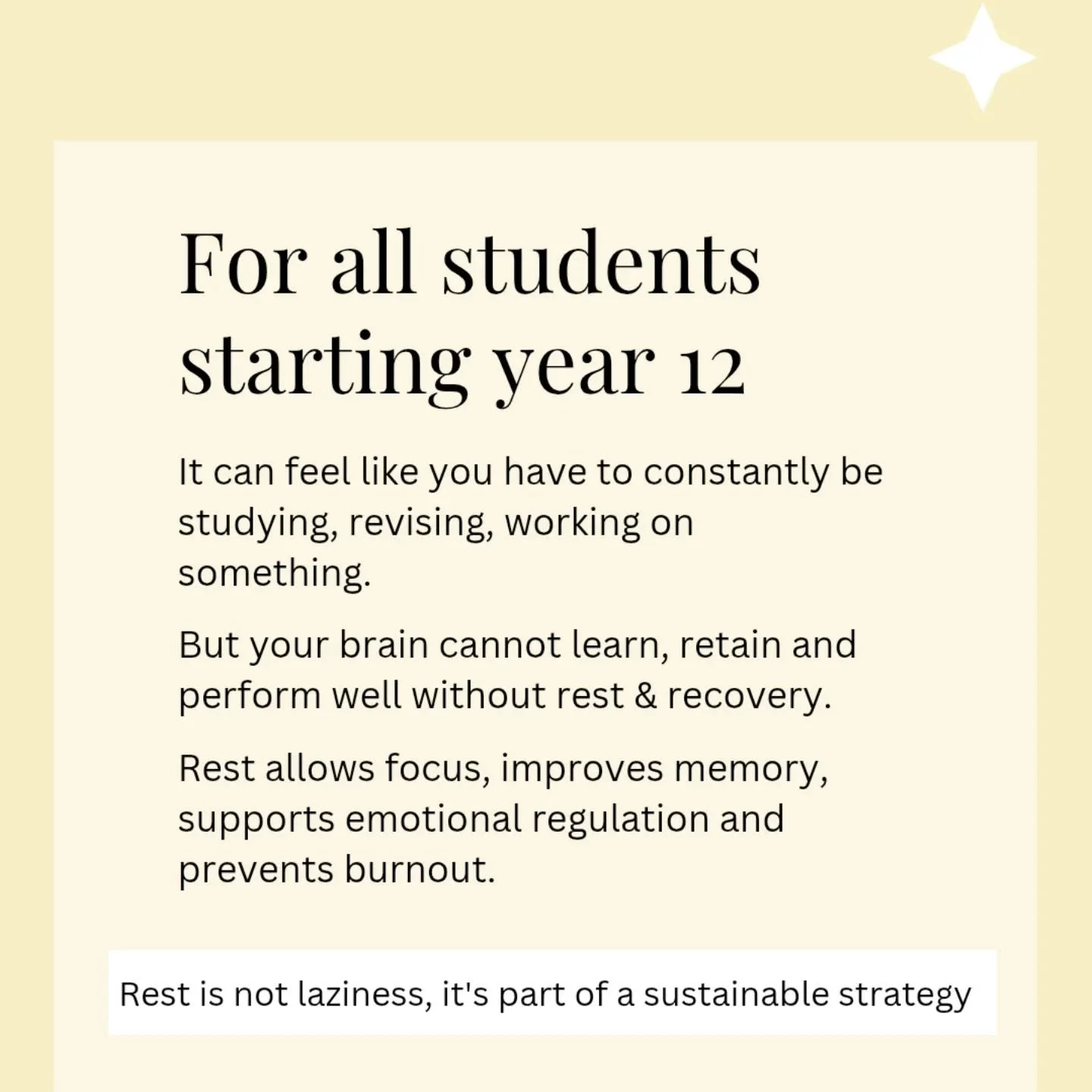 For all students, especially those in year 12, who feel guilt the moment they take a pause to launch into an interest, have some down time laying on the couch or connecting with friends - if you want sustainable performance, you don't need to push ha