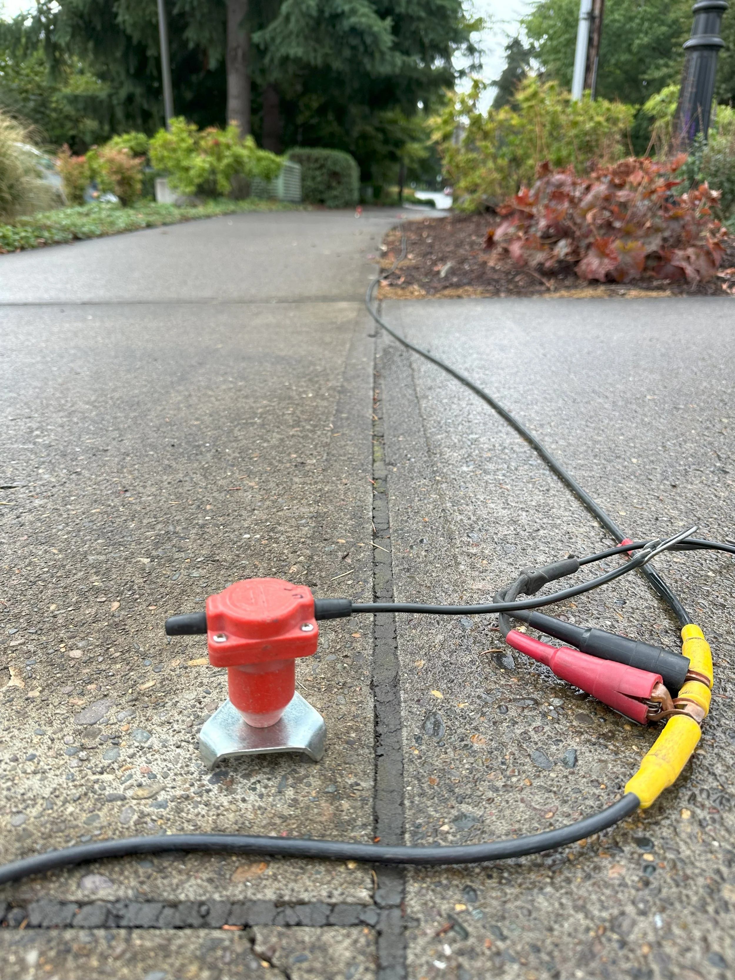 Close-up of a wire and some electrical connectors on the ground in a park-like setting with trees and bushes in the background.