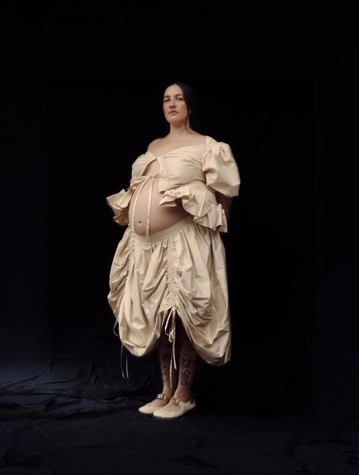 custom top, skirt and bustle in cream silk for georgia