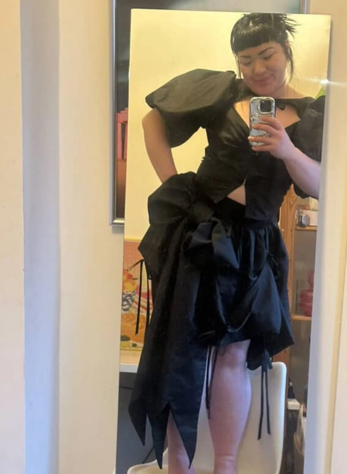 top, skirt and bow in black silk for soffa