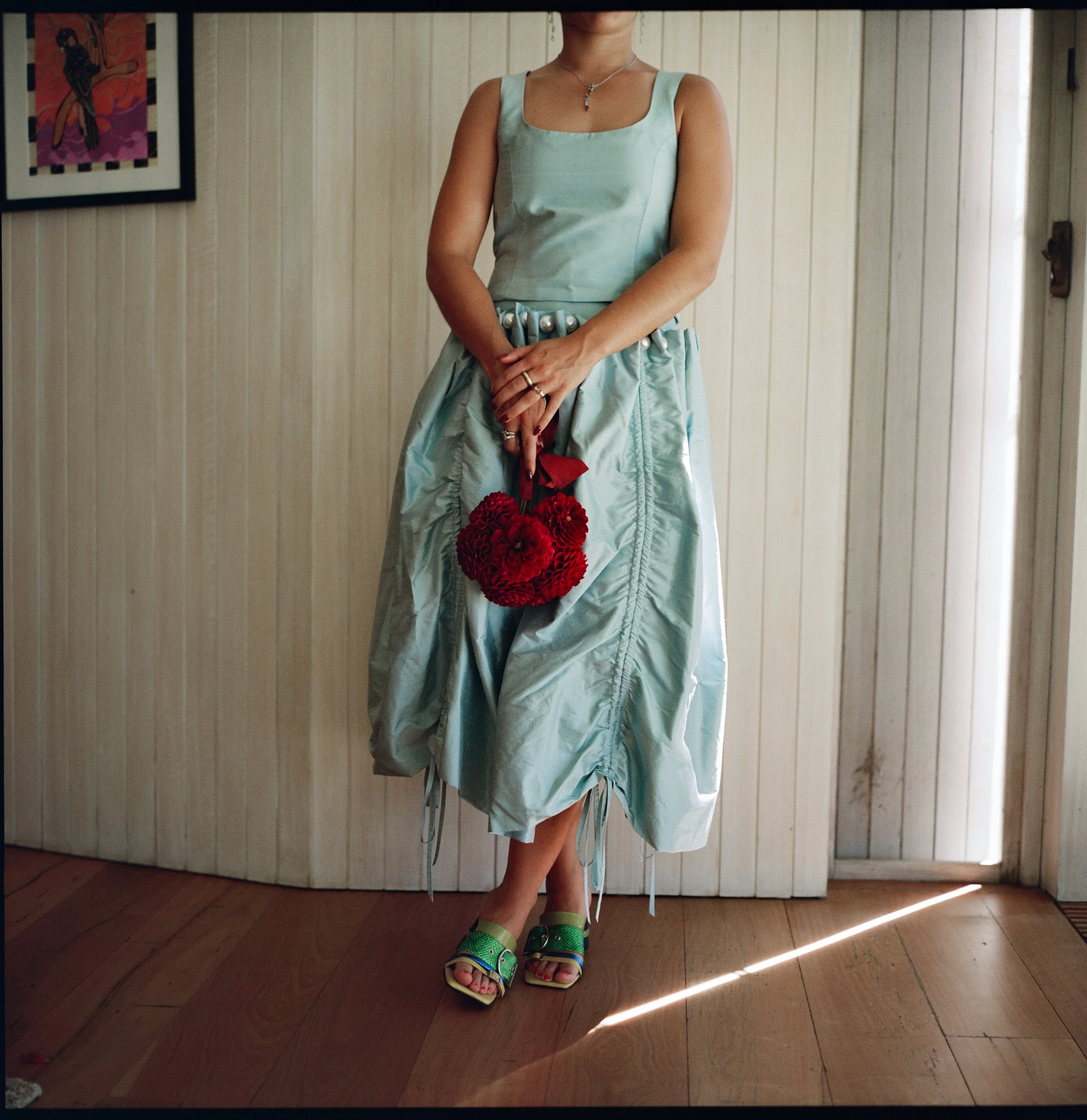 custom top and skirt for olivia, in sky blue silk dupion