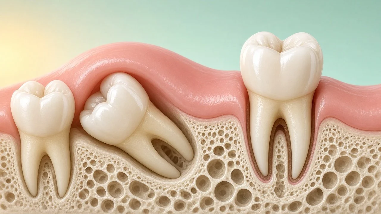 Illustration comparing an impacted wisdom tooth trapped under the gum with an upright wisdom tooth