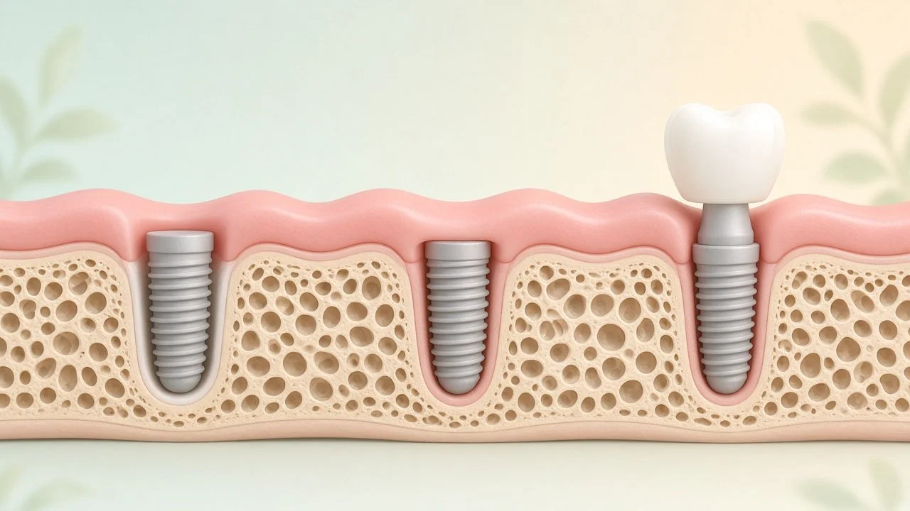 Diagram of a dental implant placed in the jawbone, with the bone healing around it