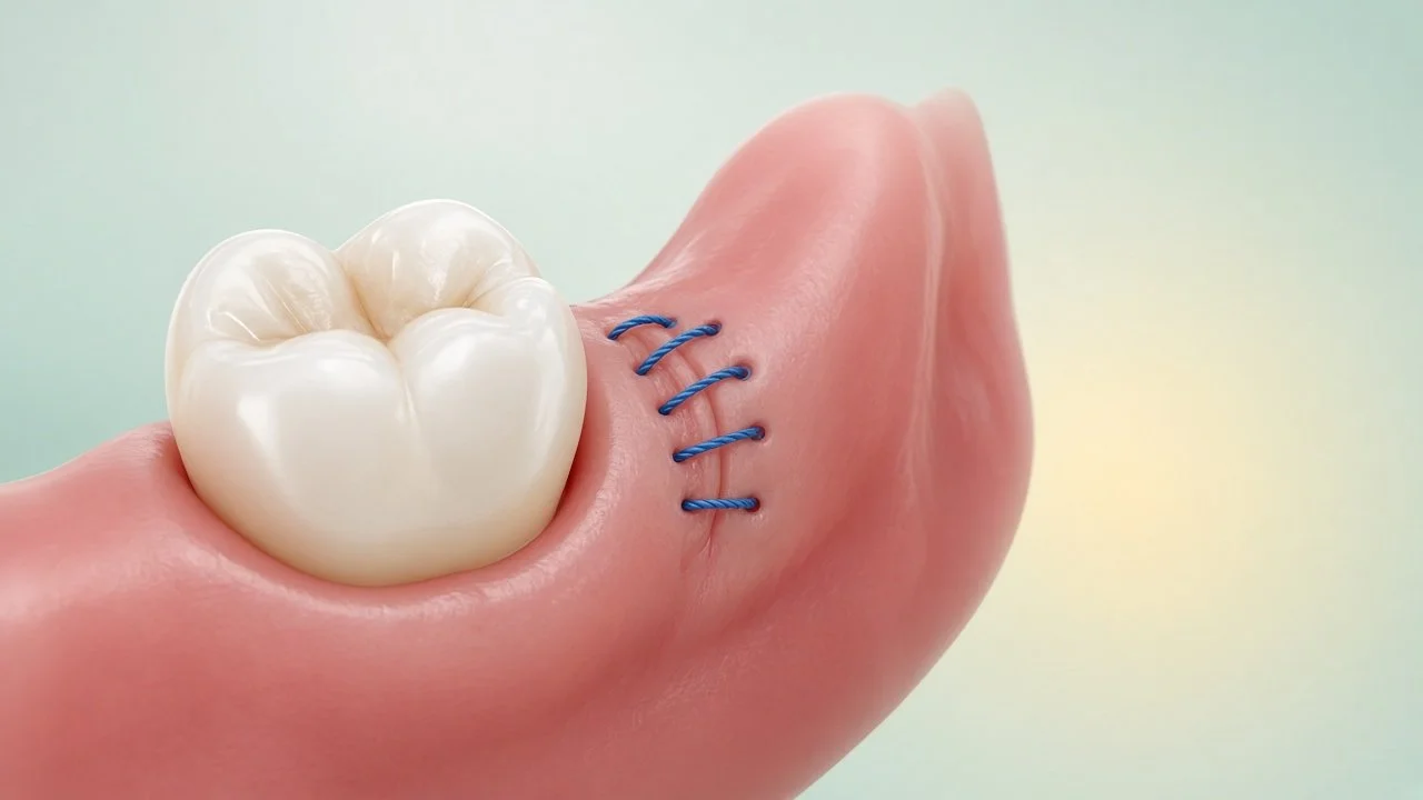 Illustration of gum stitched closed with blue sutures over a wisdom tooth socket after surgery