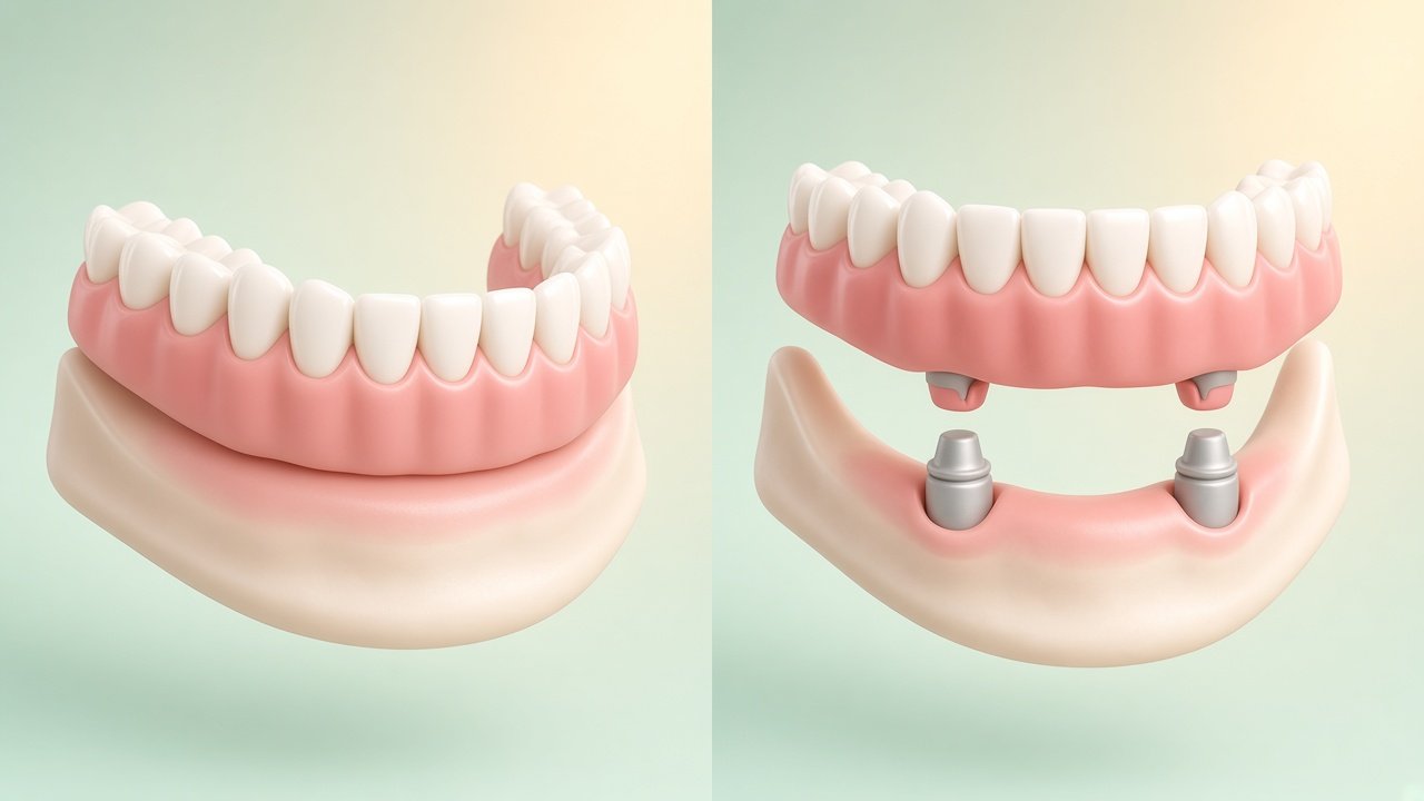 Side-by-side illustration: a regular denture resting on the gums on the left, and an implant-supported denture clipping onto two implants in the jawbone on the right